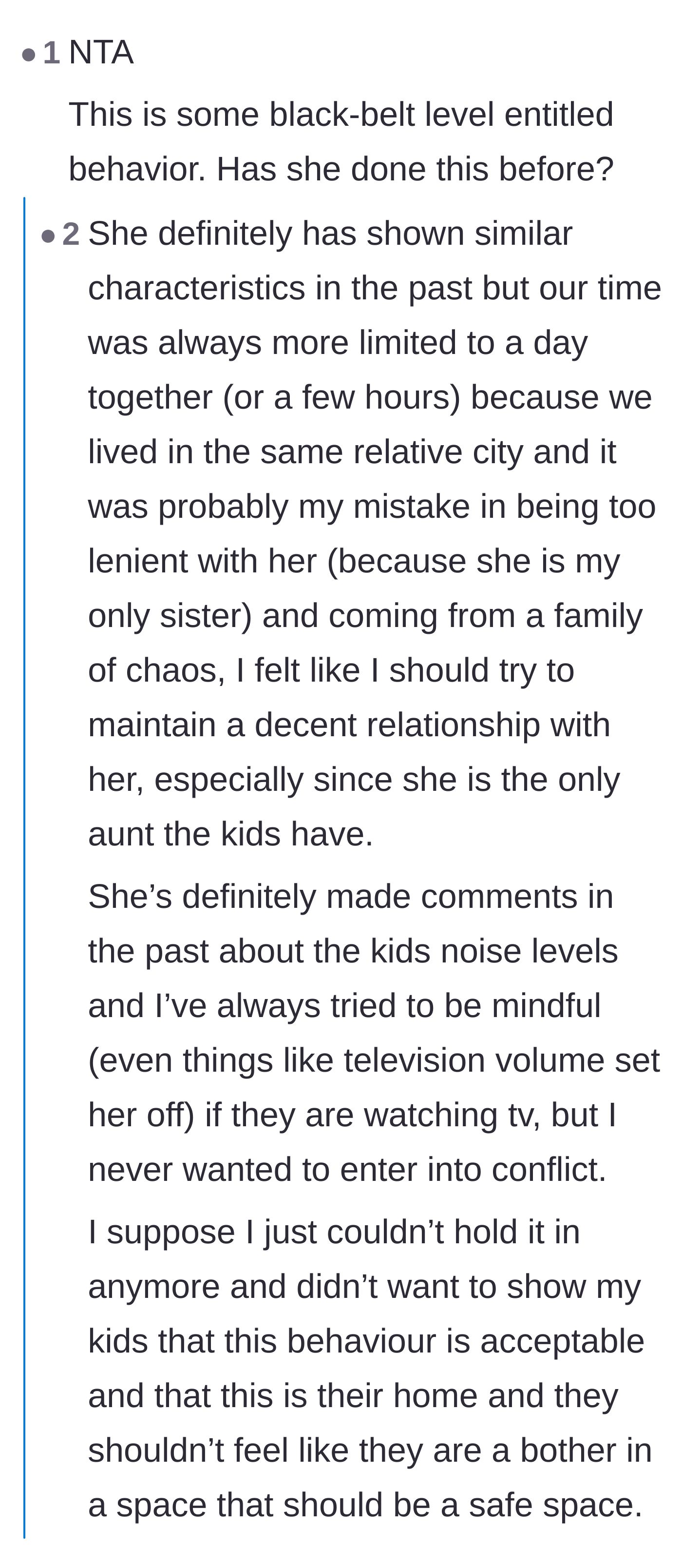 Comment thread 2 - The narrator explaining she tolerated past behavior because of family trauma and wanting her kids to have an aunt.