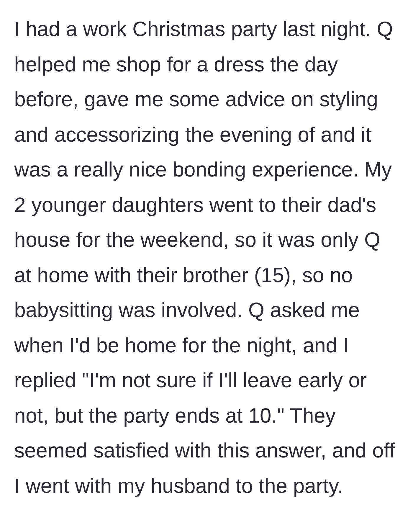 Story part 3 - The child helps the mother get ready for a work party, and the mother sets a clear expectation that she will be out until 10 PM.