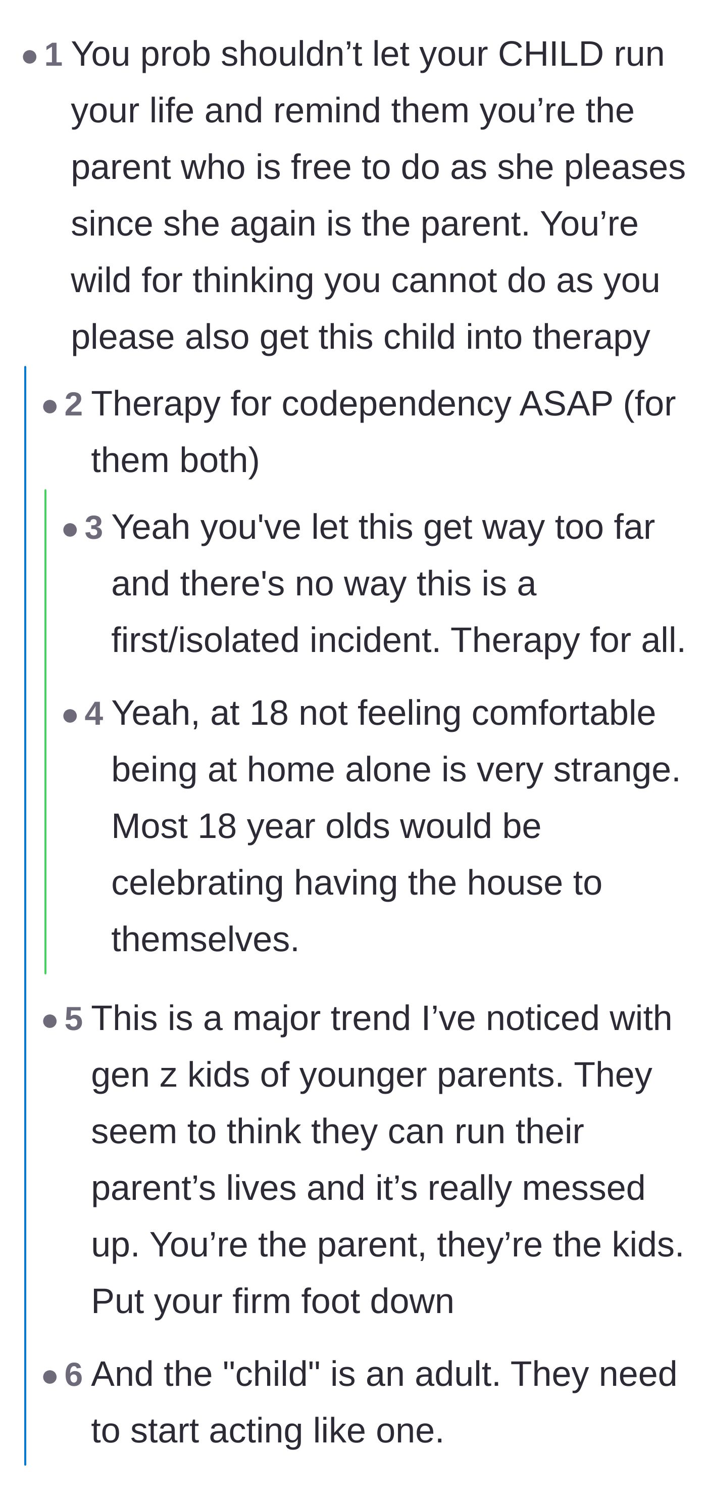 Comment thread 1 - Discussing the red flags of the 'we grew up together' dynamic and parentification.