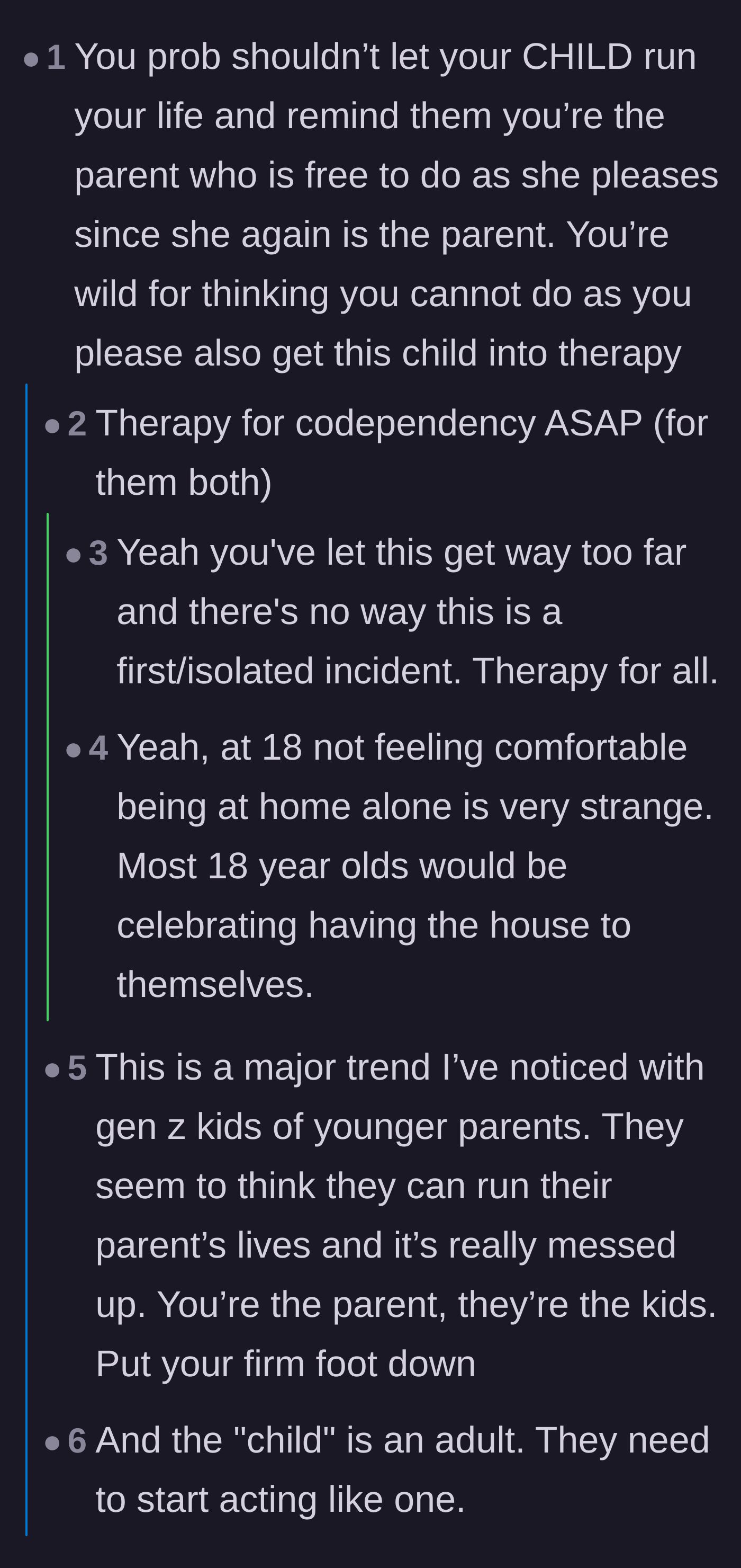 Comment thread 1 - Discussing the red flags of the 'we grew up together' dynamic and parentification.