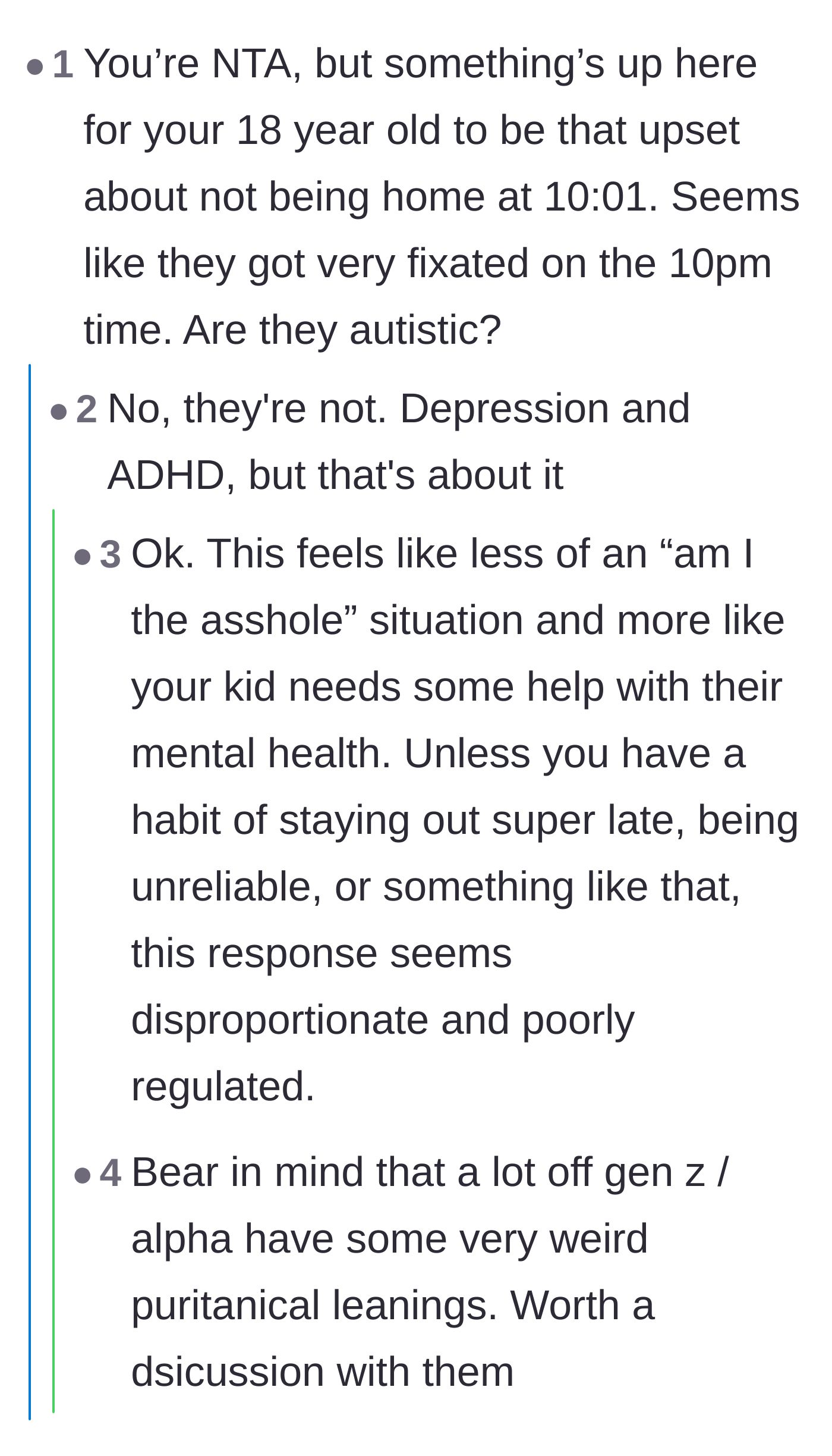 Comment thread 5 - Questioning the teenager's mental health and fixation on the 10:01 PM timestamp.
