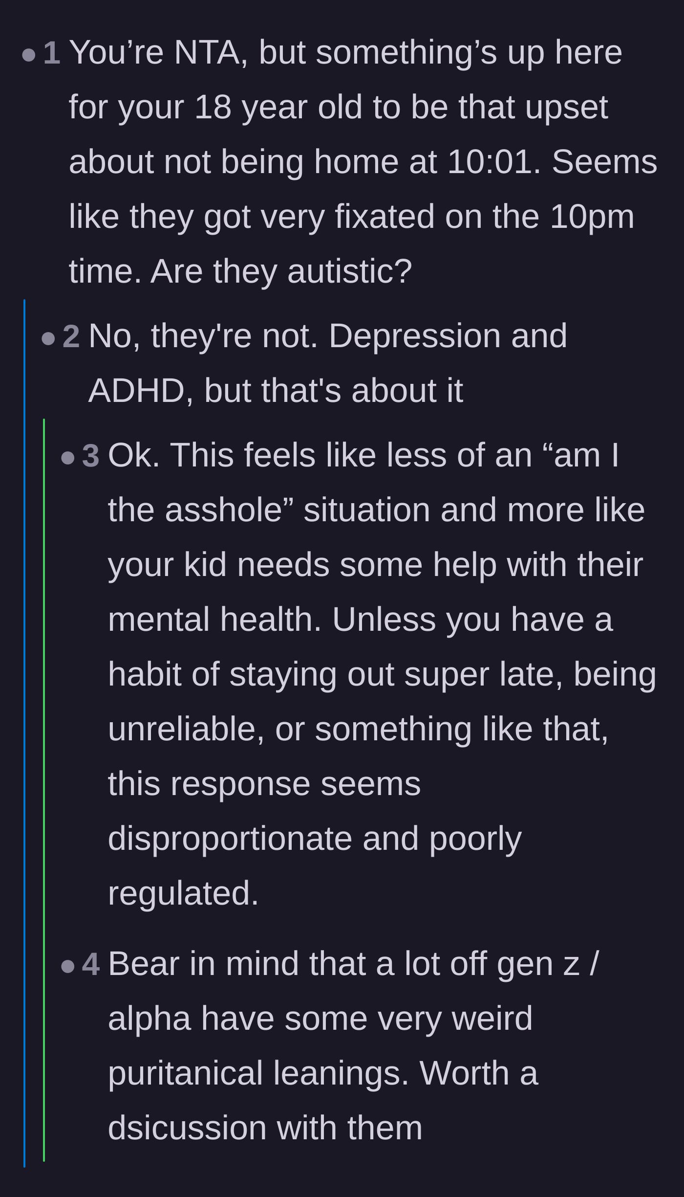 Comment thread 5 - Questioning the teenager's mental health and fixation on the 10:01 PM timestamp.