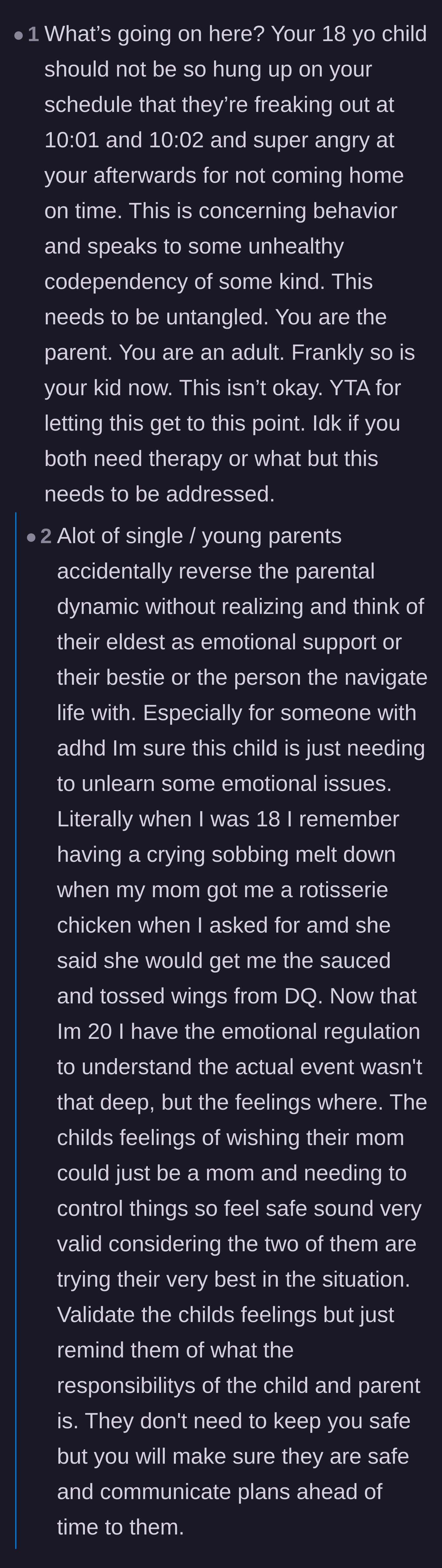 Comment thread 6 - Debating whether the mother is at fault for accidentally reversing the parent-child dynamic over the years.