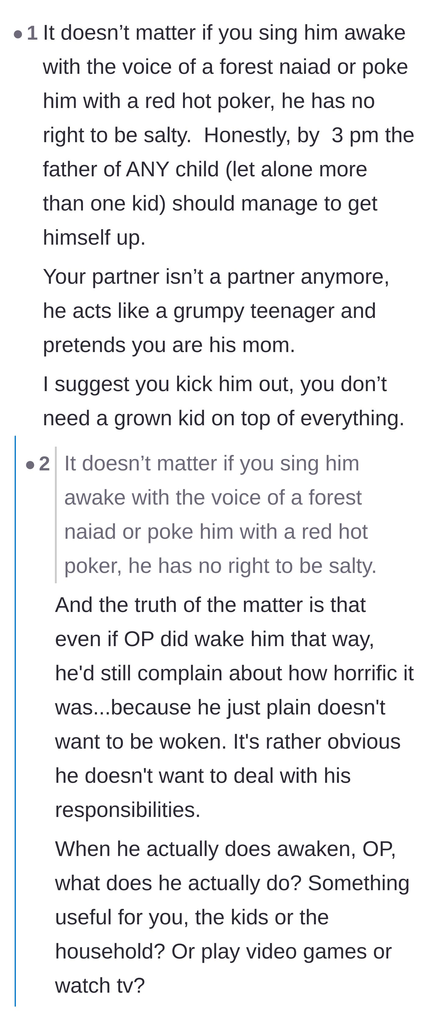Comment thread 1 - A discussion about the husband acting like a teenager, leading to the mother confessing her paralyzing fear of losing custody in family court.