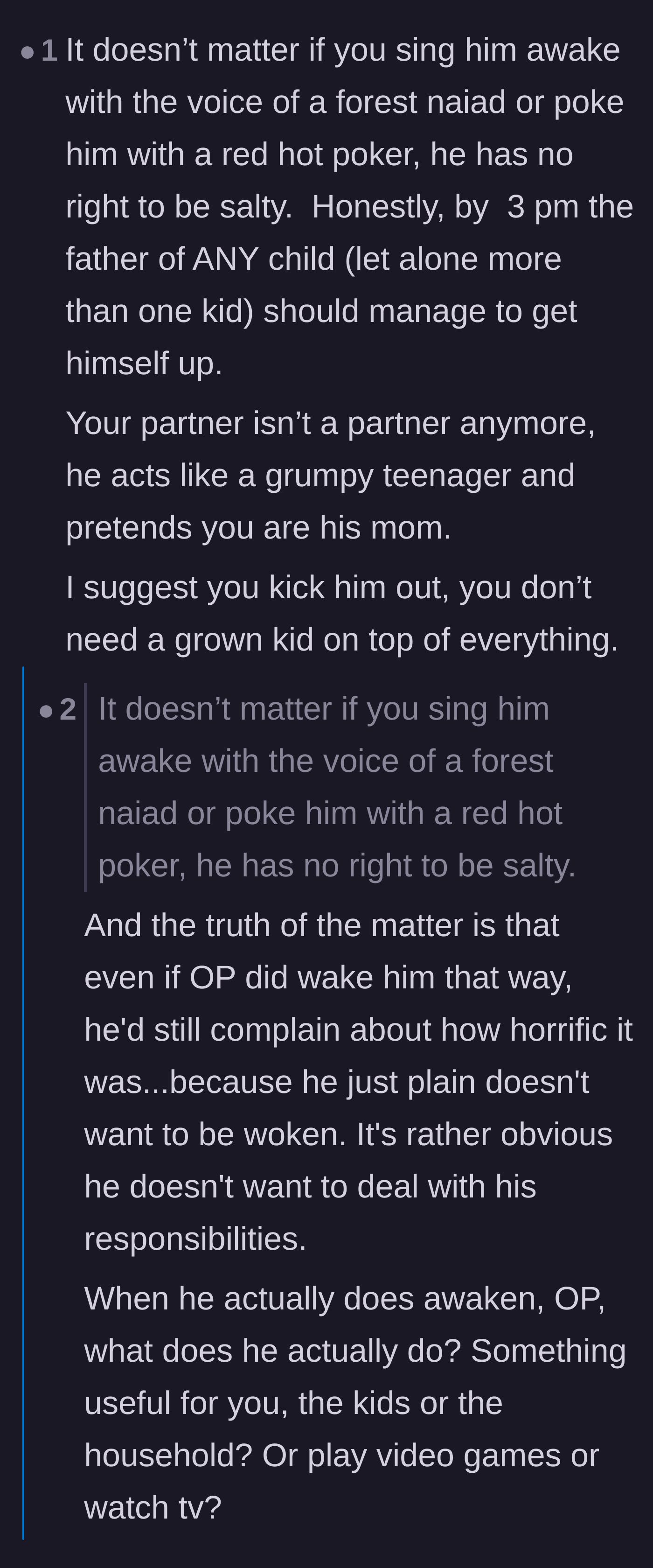 Comment thread 1 - A discussion about the husband acting like a teenager, leading to the mother confessing her paralyzing fear of losing custody in family court.