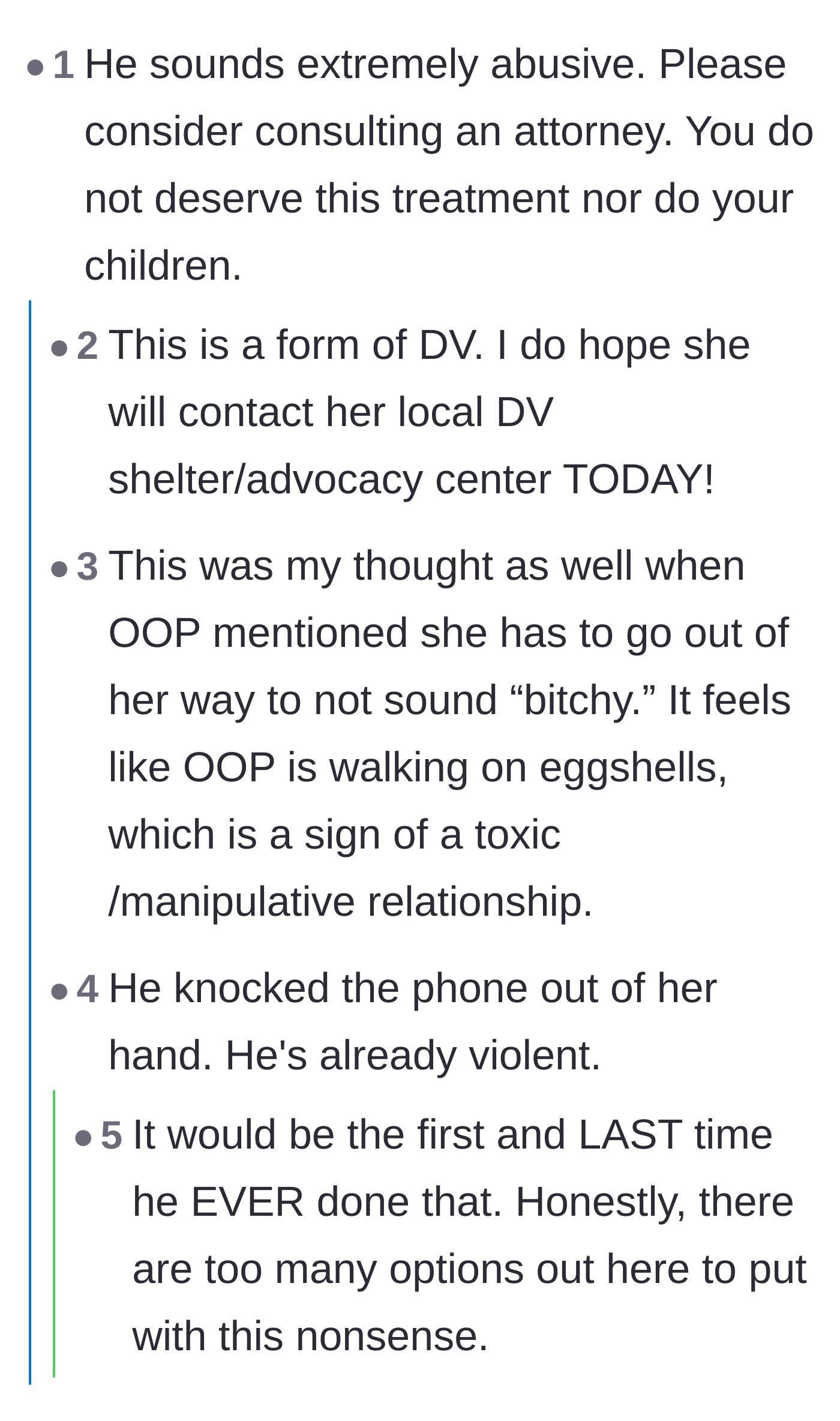 Comment thread 4 - A deep dive into the husband's physical aggression, rightfully labeling his actions as domestic violence and urging the mother to seek help.