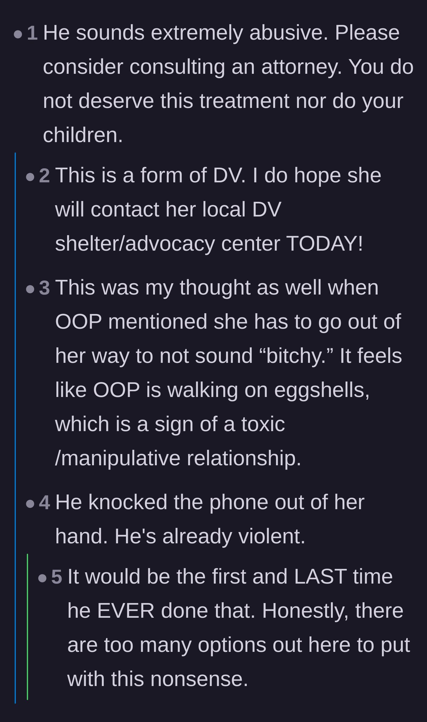 Comment thread 4 - A deep dive into the husband's physical aggression, rightfully labeling his actions as domestic violence and urging the mother to seek help.