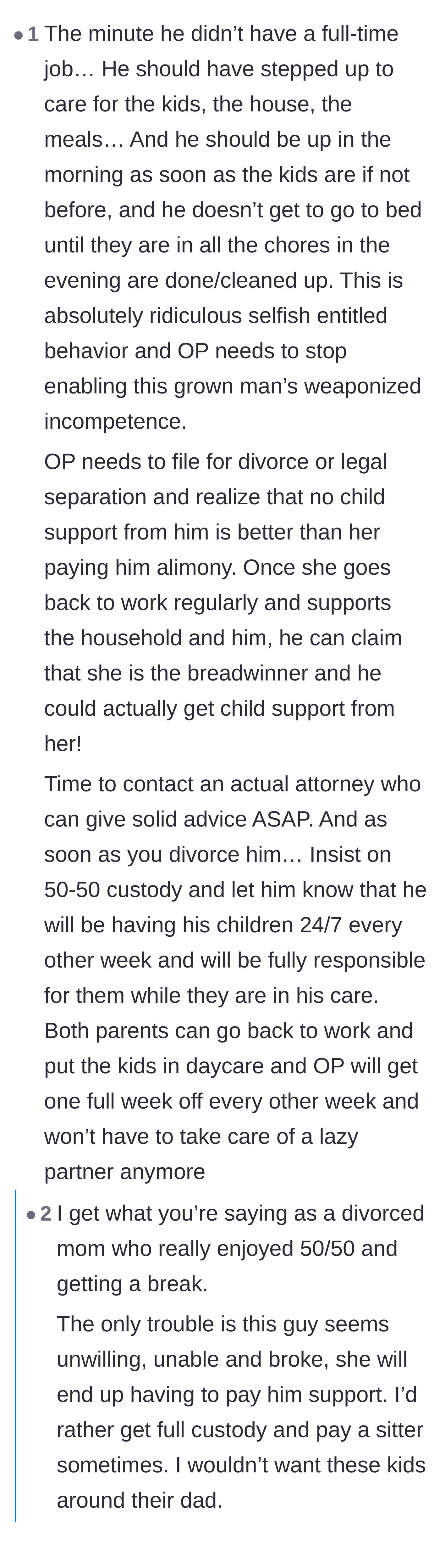 Comment thread 5 - Practical legal and divorce advice, highlighting the mother's terrifying realization about the dangers of 50/50 custody with a neglectful parent.