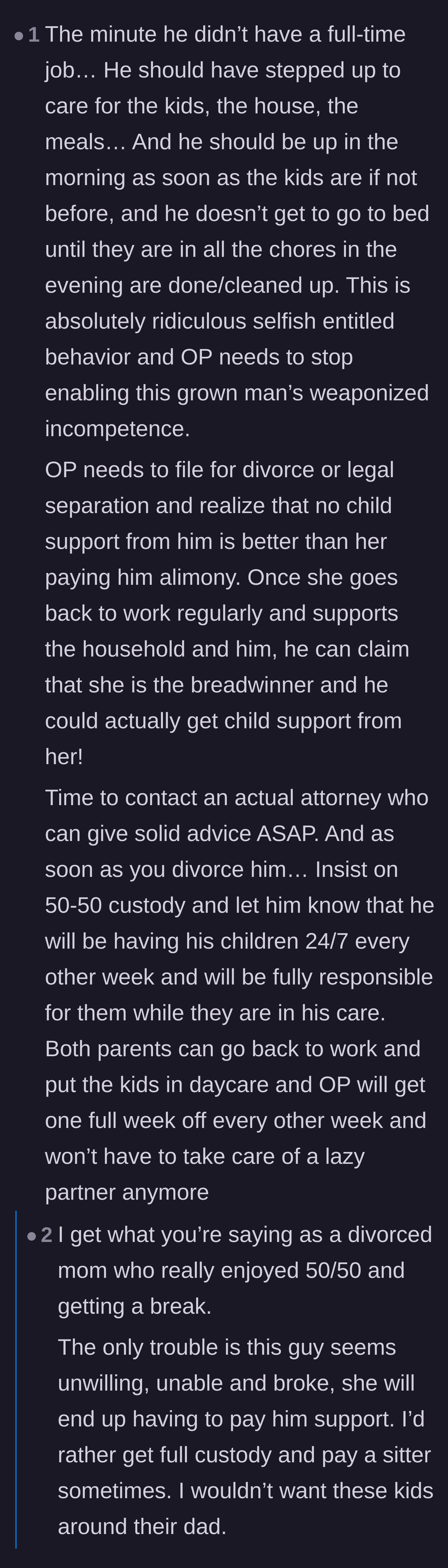 Comment thread 5 - Practical legal and divorce advice, highlighting the mother's terrifying realization about the dangers of 50/50 custody with a neglectful parent.
