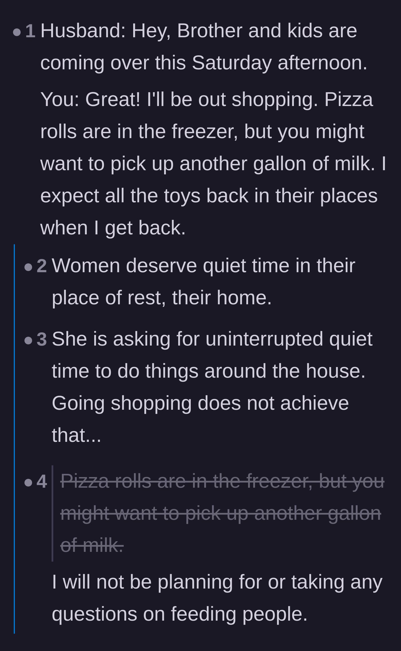 Comment thread 1 - A debate on whether the wife should leave the house to force the men to parent, and the unfairness of being displaced.