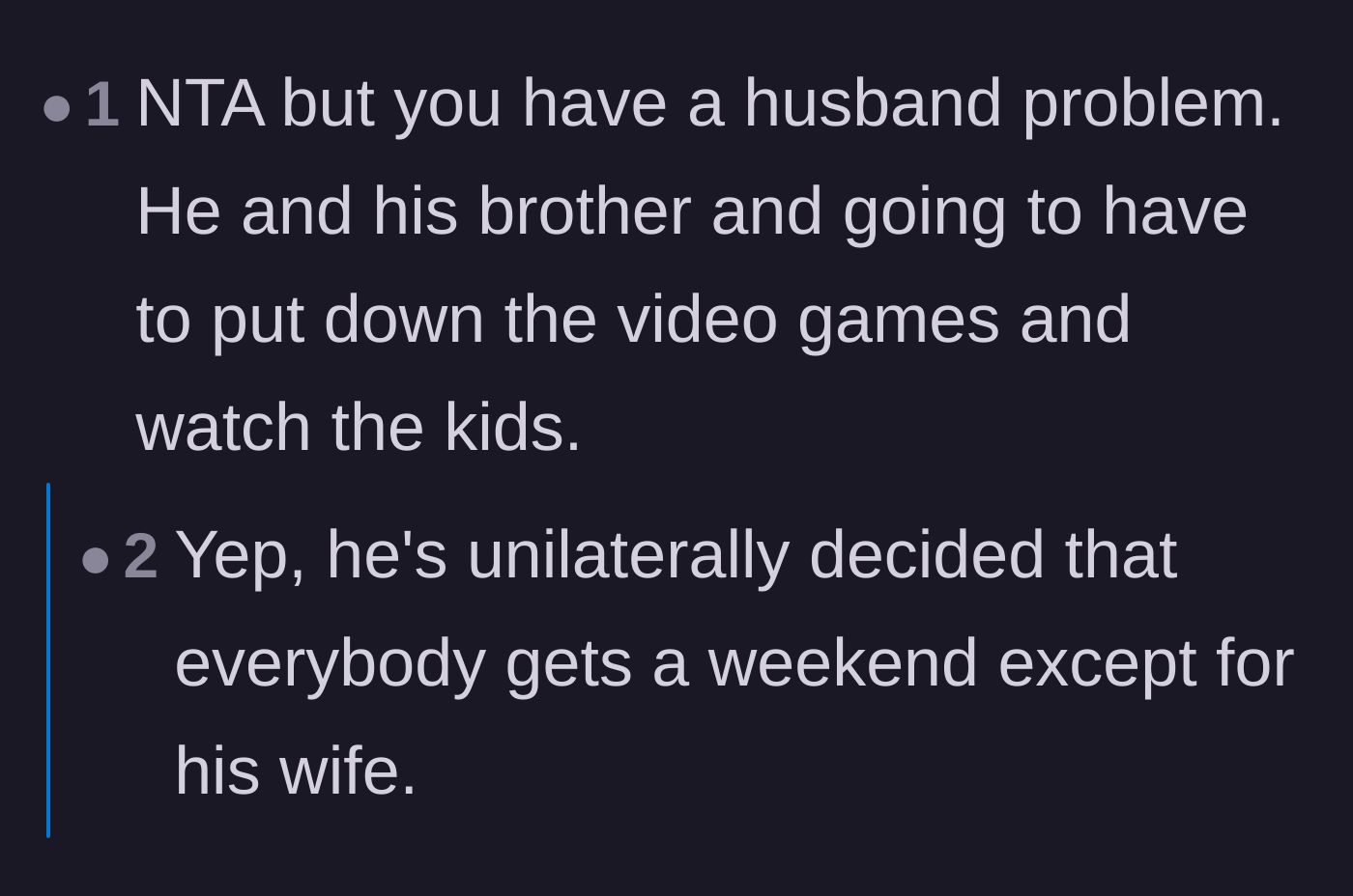 Comment thread 3 - A sharp observation that the husband unilaterally decided everyone but his wife gets a weekend break.