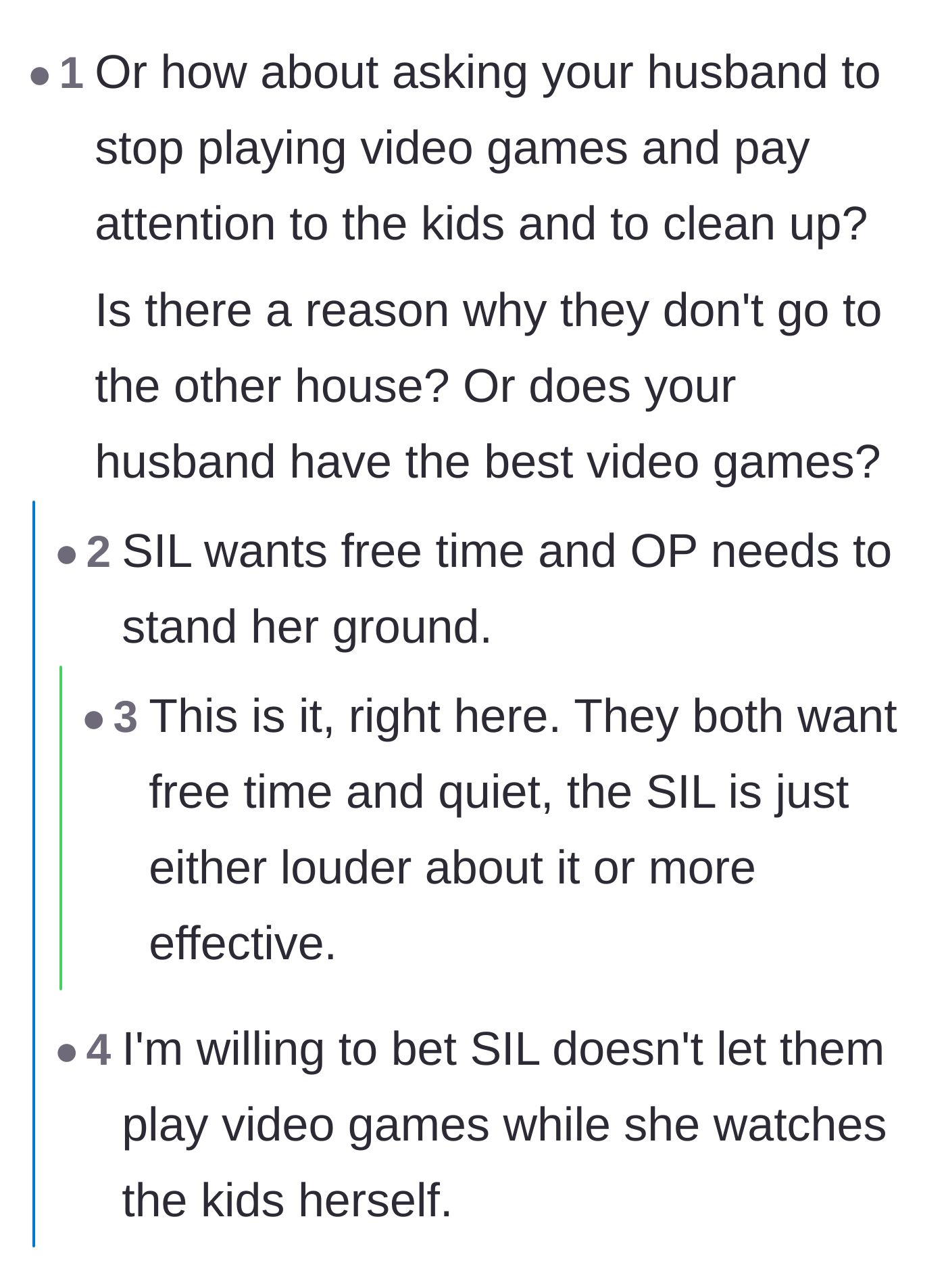Comment thread 6 - Speculation that the sister-in-law successfully enforced her own boundaries, pushing the childcare burden onto the main character.