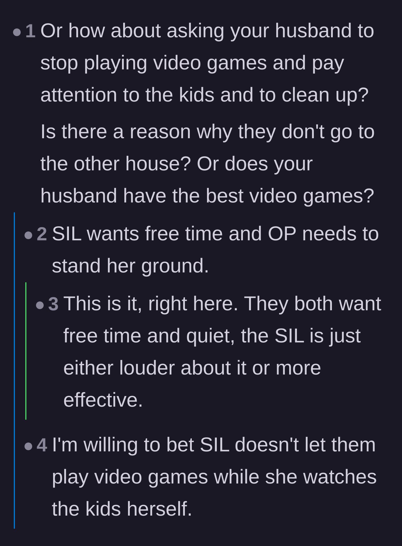 Comment thread 6 - Speculation that the sister-in-law successfully enforced her own boundaries, pushing the childcare burden onto the main character.