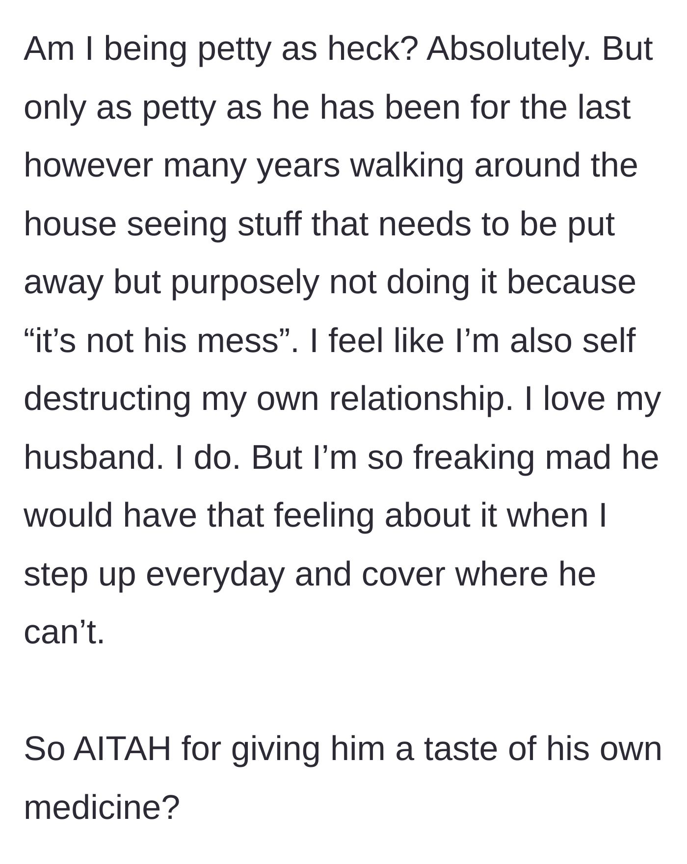 Story part 7 - Wife admits she feels she is self-destructing her relationship but cannot keep carrying his weight.