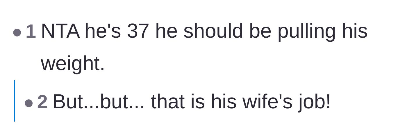 Comment thread 4 - A short debate highlighting the outdated, sexist expectations placed on wives to manage and clean up after adult men.