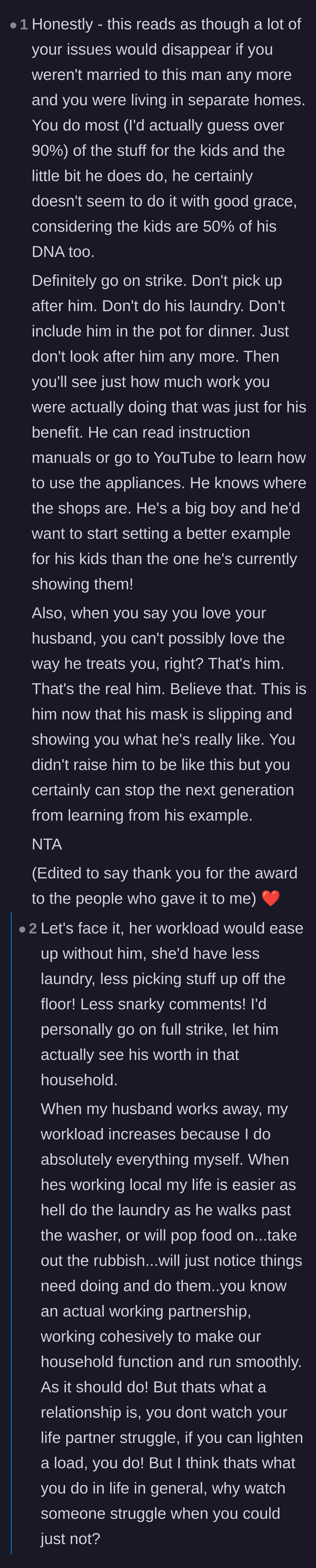 Comment thread 5 - Readers breaking down how the wife's workload would actually drastically decrease if she left her husband.