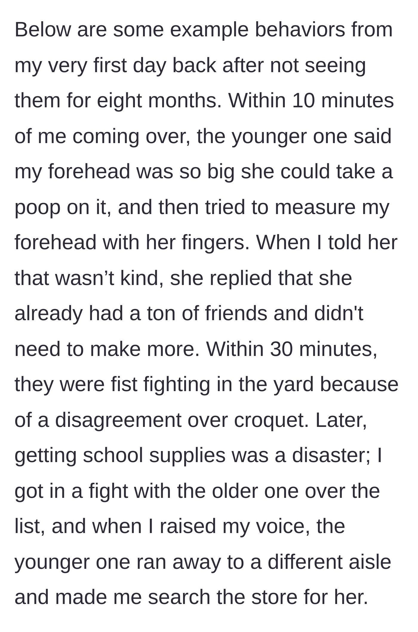Story part 6 - Nanny recounting the 11-year-old's bizarre forehead insult and a physical fight over croquet.