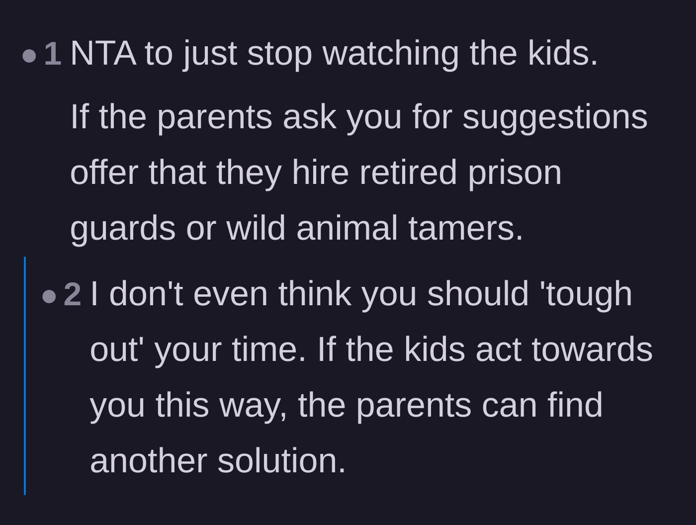 Comment thread 3 - Sarcastic suggestions for the parents to hire prison guards or wild animal tamers instead of a nanny.