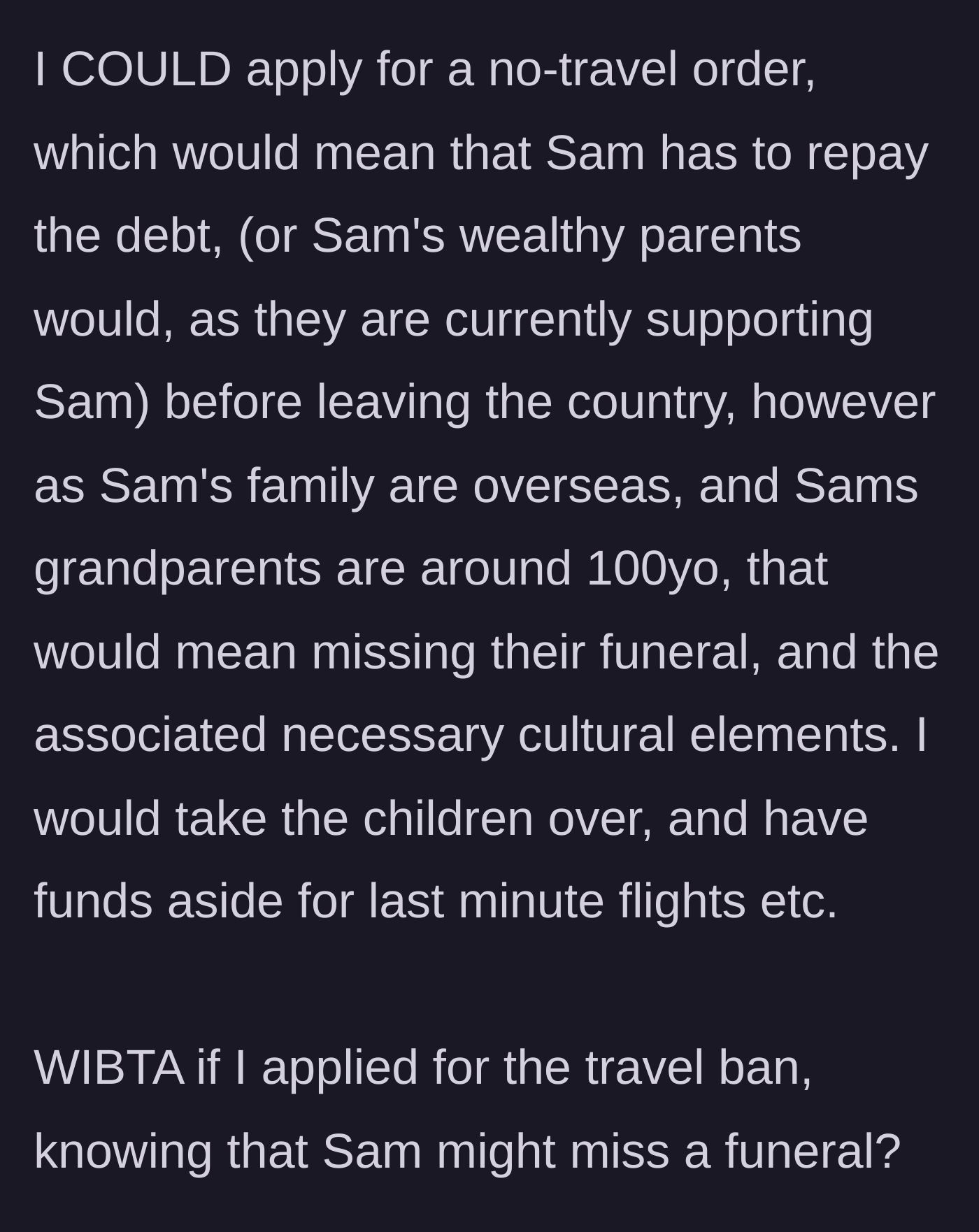 Story part 5 - The main character outlines a tactical response: applying for a legal no-fly order until the child support debt is paid, even if it means the ex misses a family funeral.