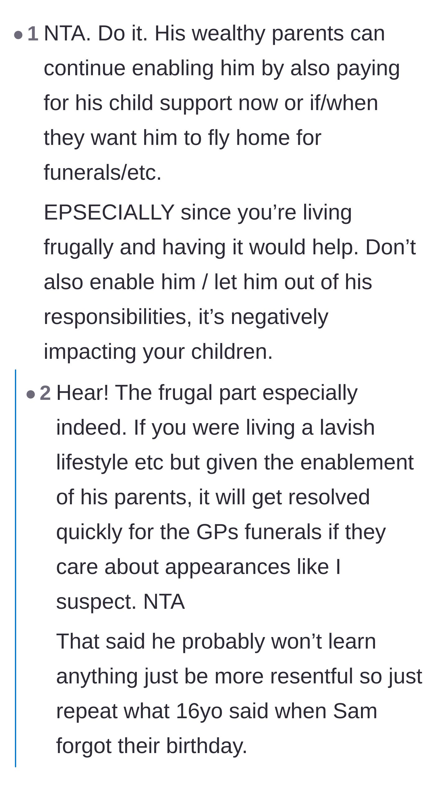 Comment thread 3 - Commenters point out that the ex's wealthy parents can simply pay his child support debt if they want him at the family funeral.