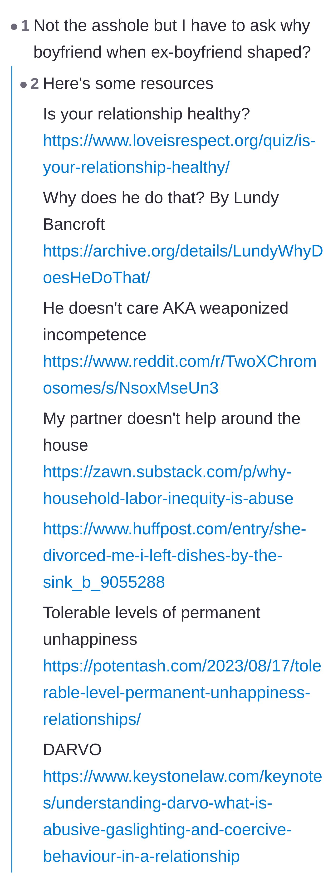 Comment thread 2 - A user sharing an extensive list of resources on domestic abuse, weaponized incompetence, and DARVO.