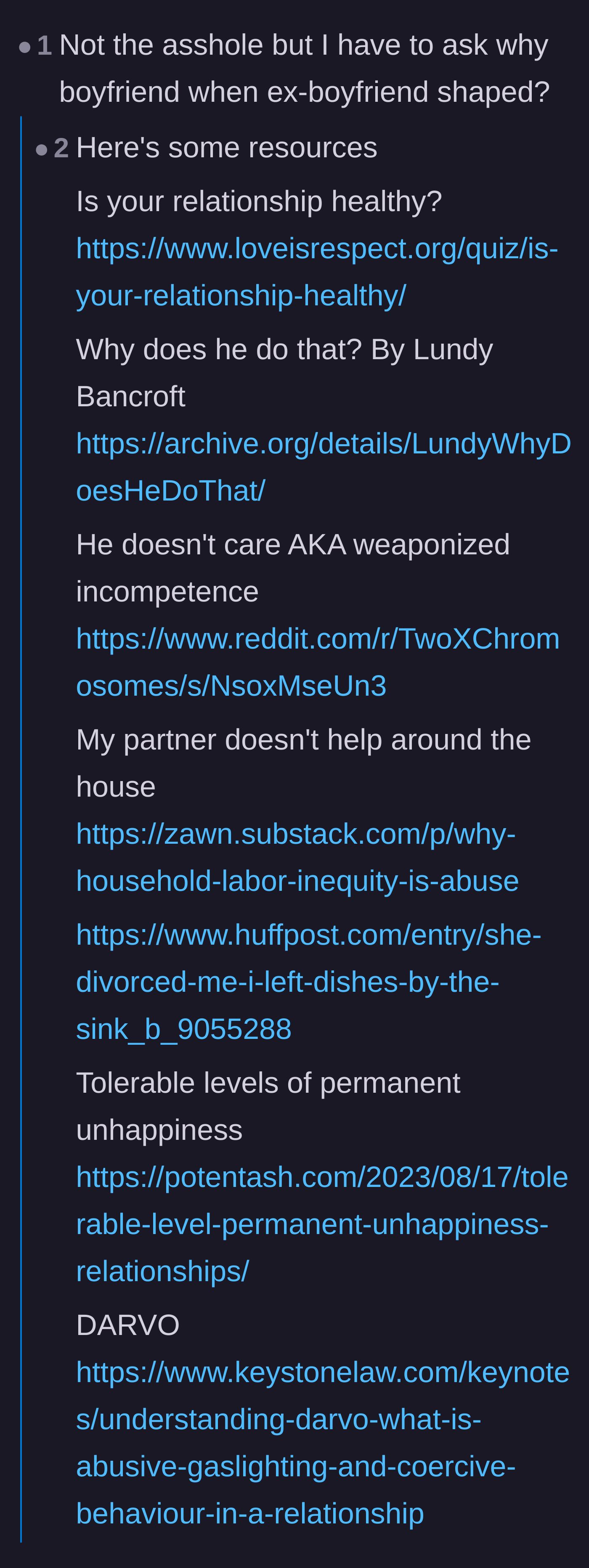 Comment thread 2 - A user sharing an extensive list of resources on domestic abuse, weaponized incompetence, and DARVO.