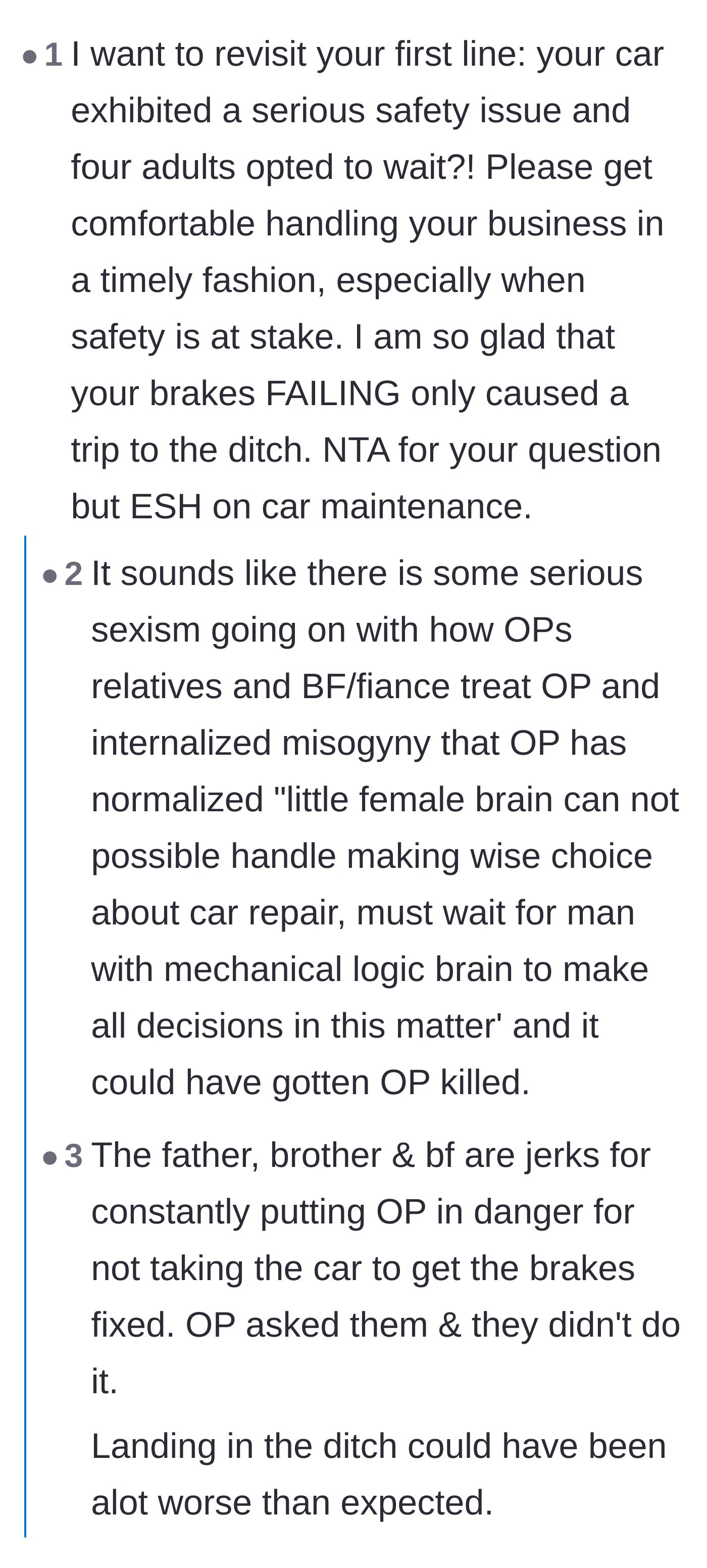 Comment thread 3 - Readers pointing out the danger of driving with bad brakes and urging her to stop relying on unhelpful men.