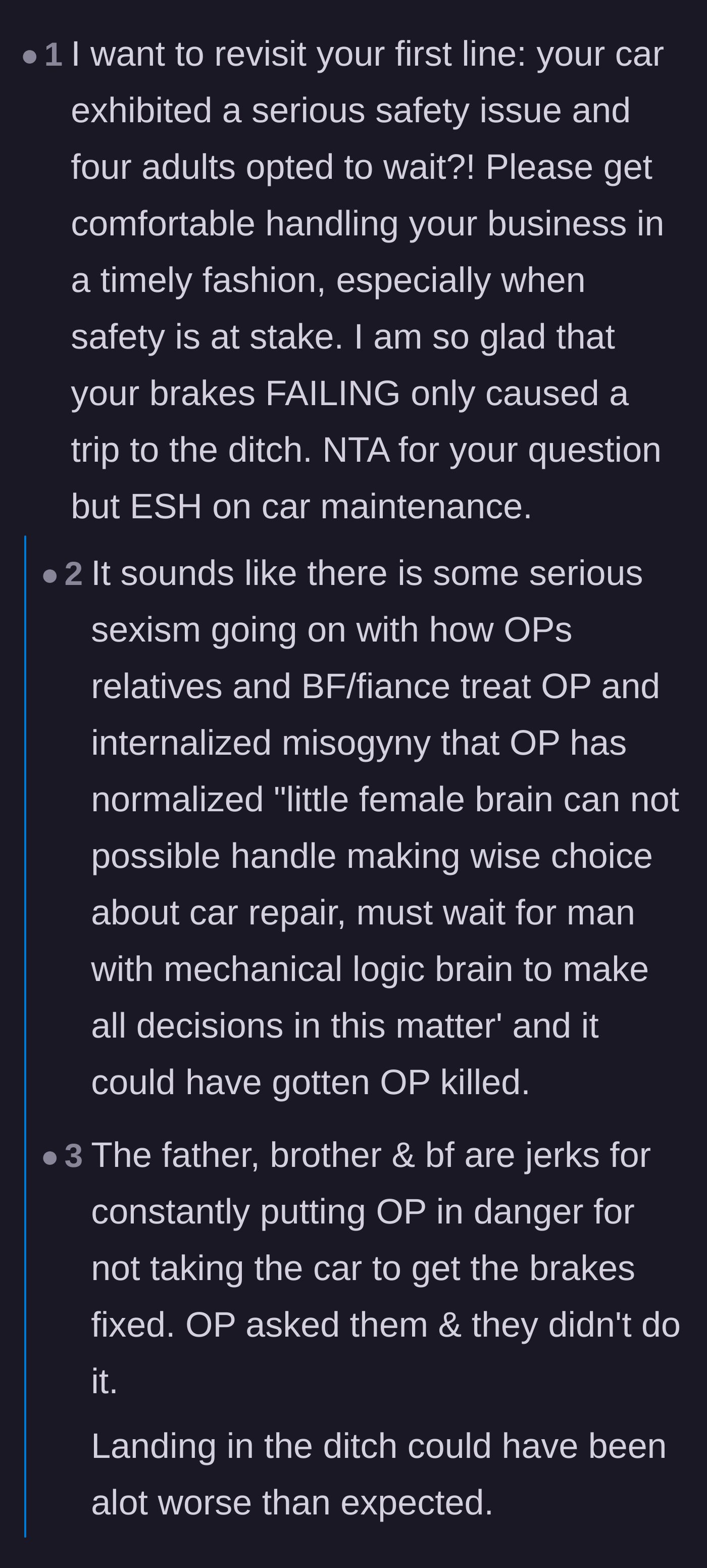 Comment thread 3 - Readers pointing out the danger of driving with bad brakes and urging her to stop relying on unhelpful men.