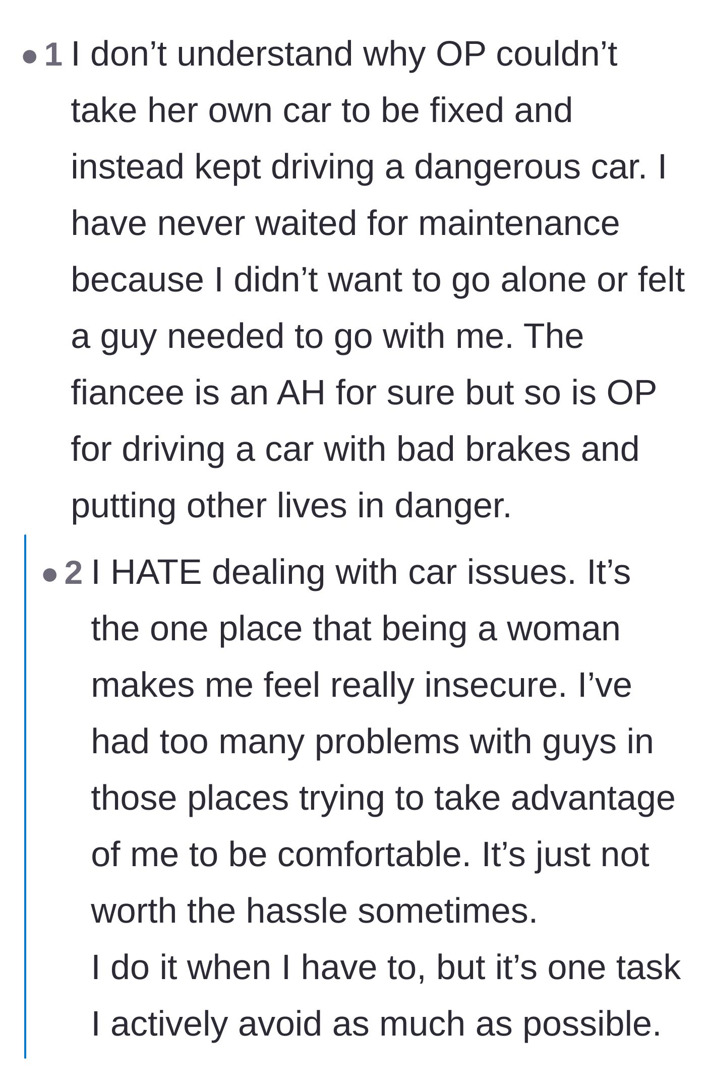 Comment thread 6 - Women sharing their frustrating and universally relatable experiences of being overcharged and patronized by car mechanics.
