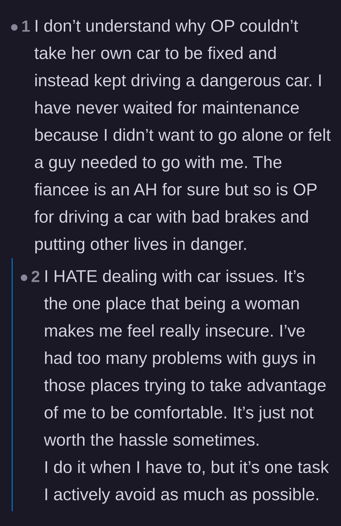 Comment thread 6 - Women sharing their frustrating and universally relatable experiences of being overcharged and patronized by car mechanics.