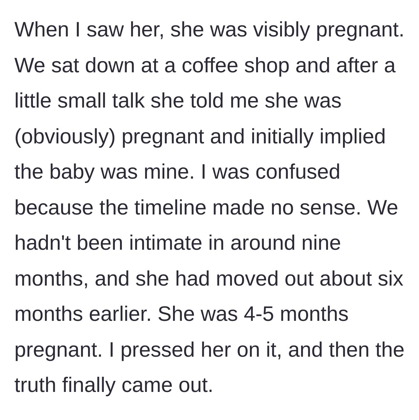 Story part 9 - The coffee shop meetup, the visible pregnancy, and the failed lie.