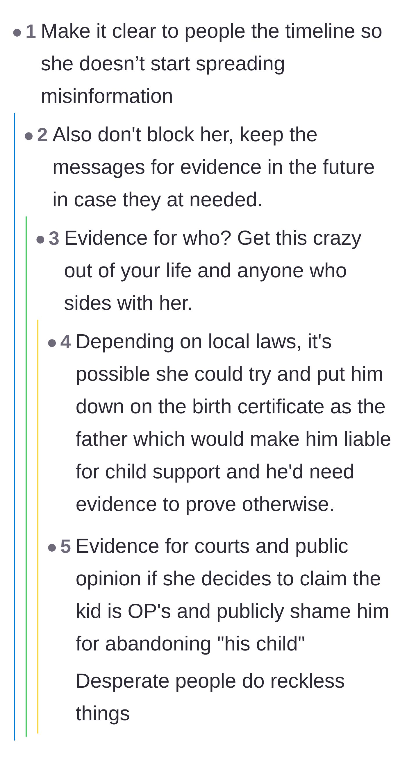 Comment thread 1 - Readers advising the author to keep all text messages as evidence against potential paternity claims or public smearing.