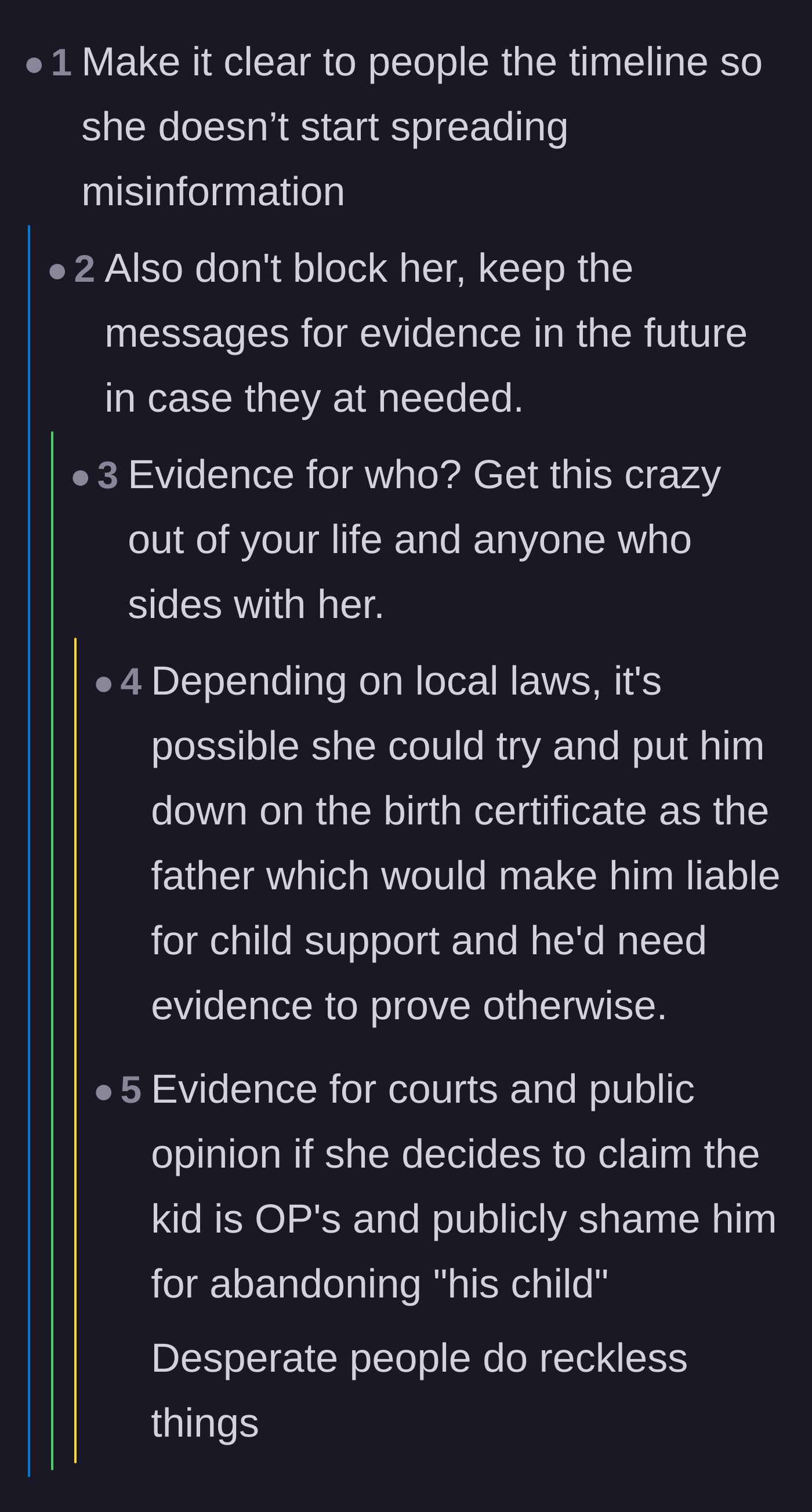 Comment thread 1 - Readers advising the author to keep all text messages as evidence against potential paternity claims or public smearing.