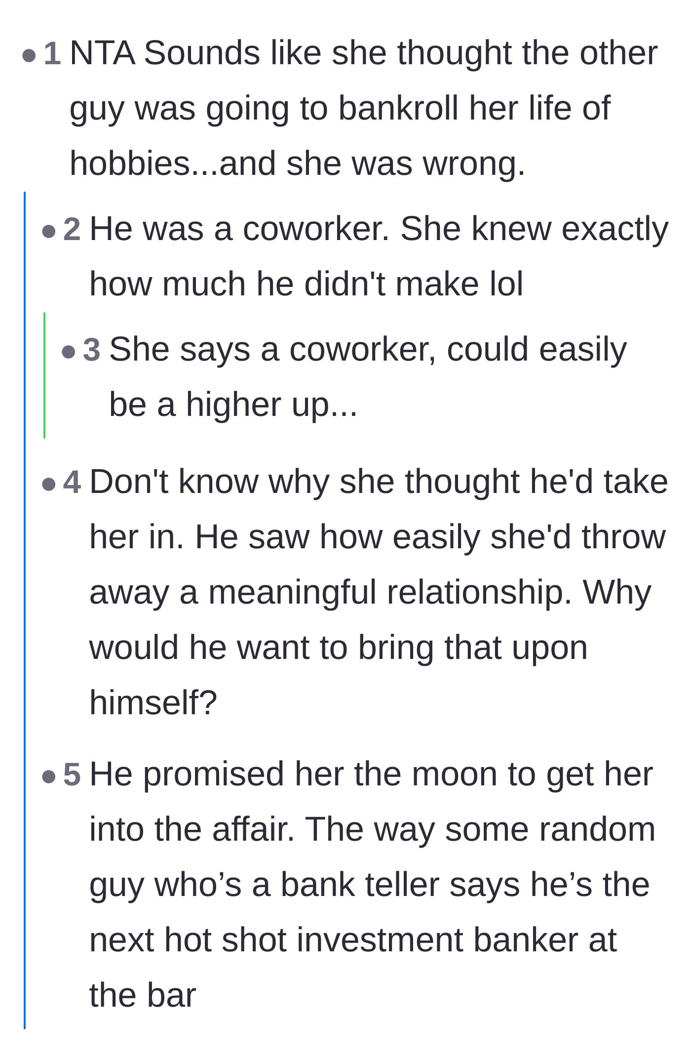 Comment thread 2 - Commenters mocking the ex-girlfriend's failed plan to have her affair partner fund her non-working lifestyle.