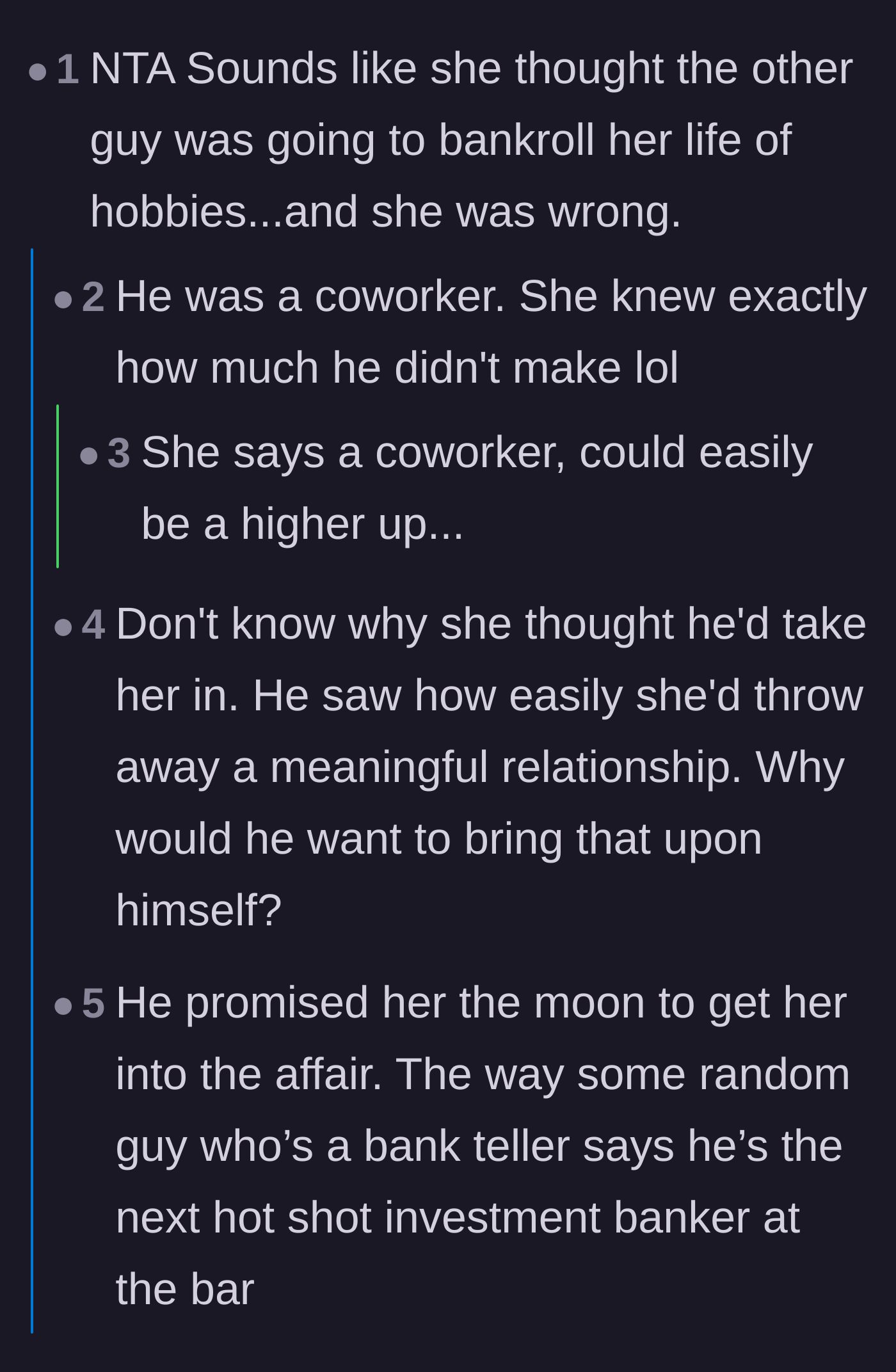 Comment thread 2 - Commenters mocking the ex-girlfriend's failed plan to have her affair partner fund her non-working lifestyle.