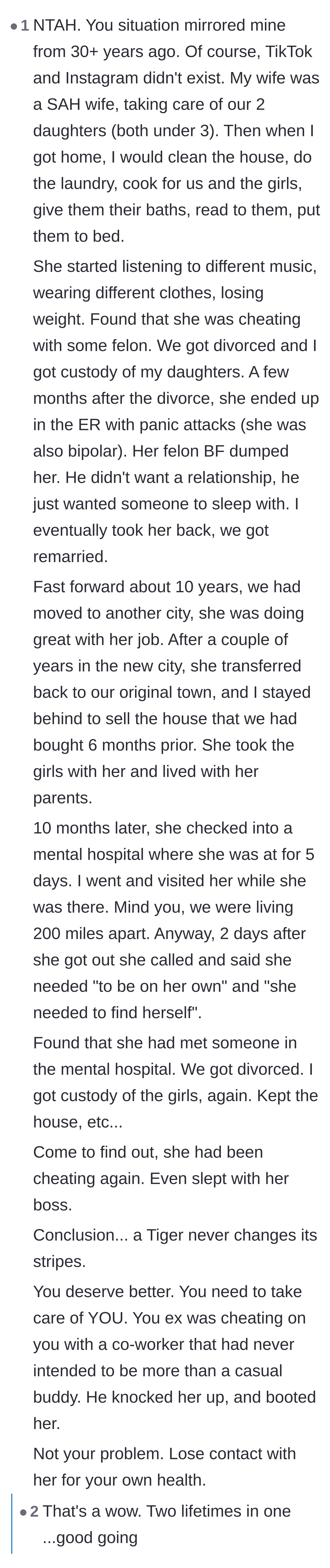 Comment thread 5 - A commenter sharing a long, tragic personal story about taking back a cheating partner only to be betrayed again years later.
