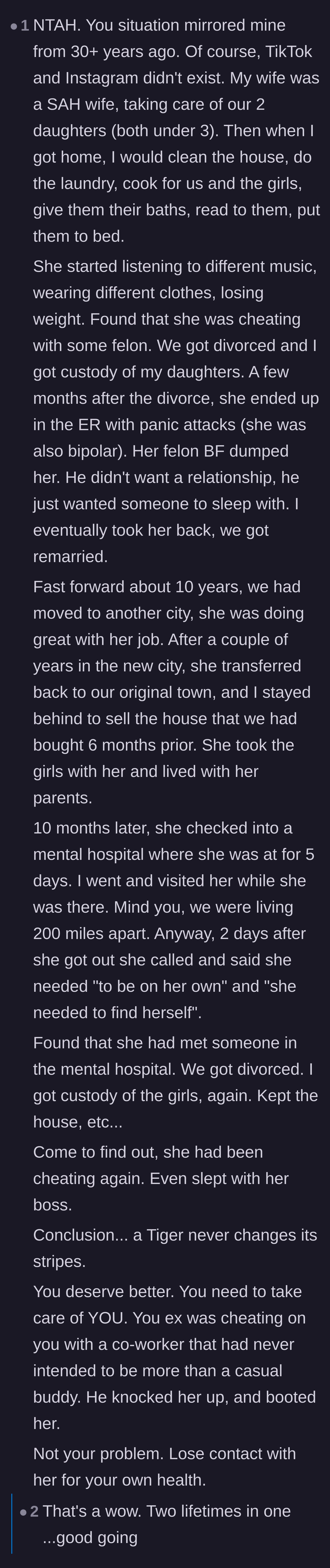 Comment thread 5 - A commenter sharing a long, tragic personal story about taking back a cheating partner only to be betrayed again years later.