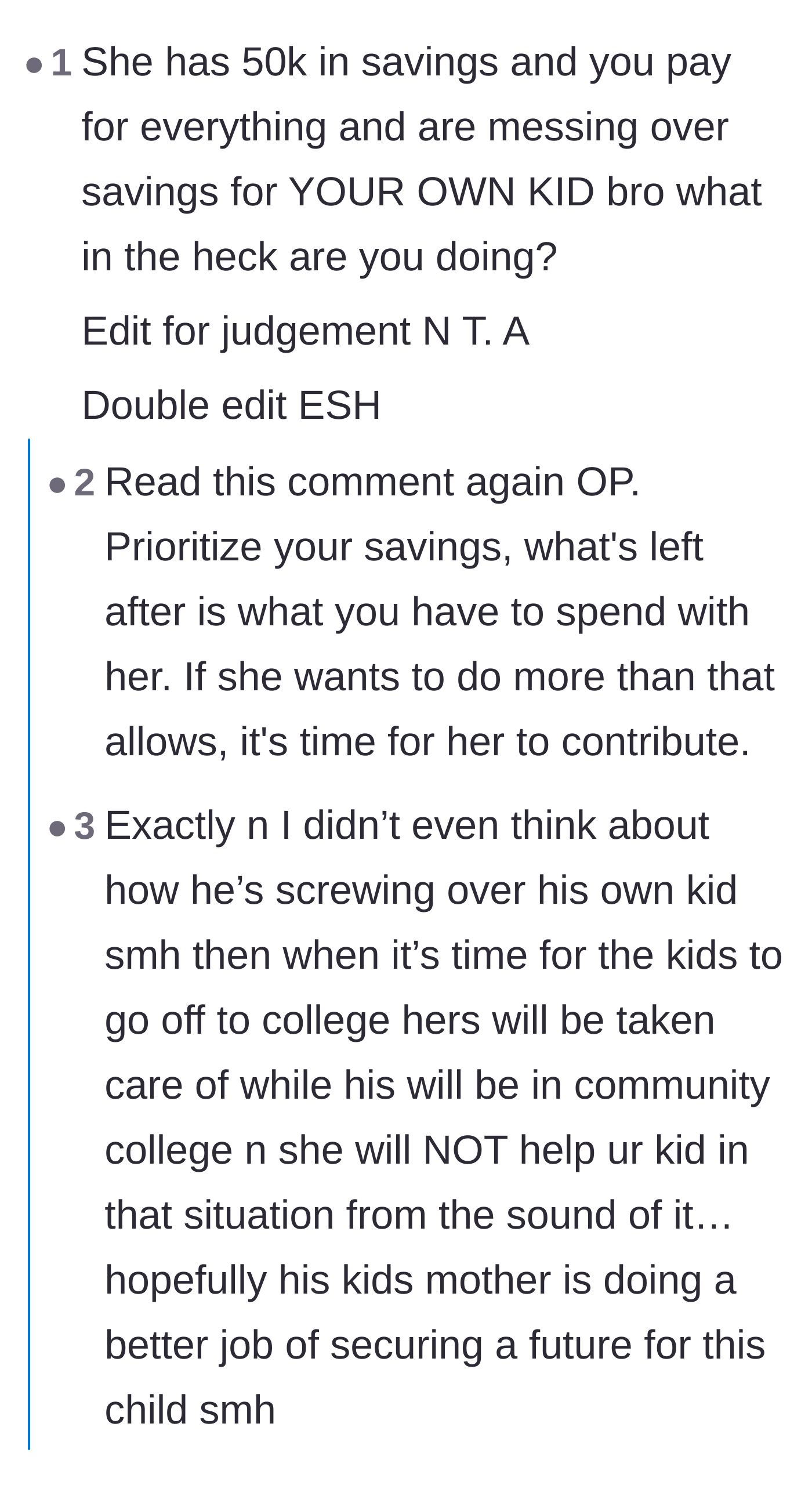 Comment thread 1 - Readers call out the author for prioritizing his girlfriend's savings over his own daughter's financial future.