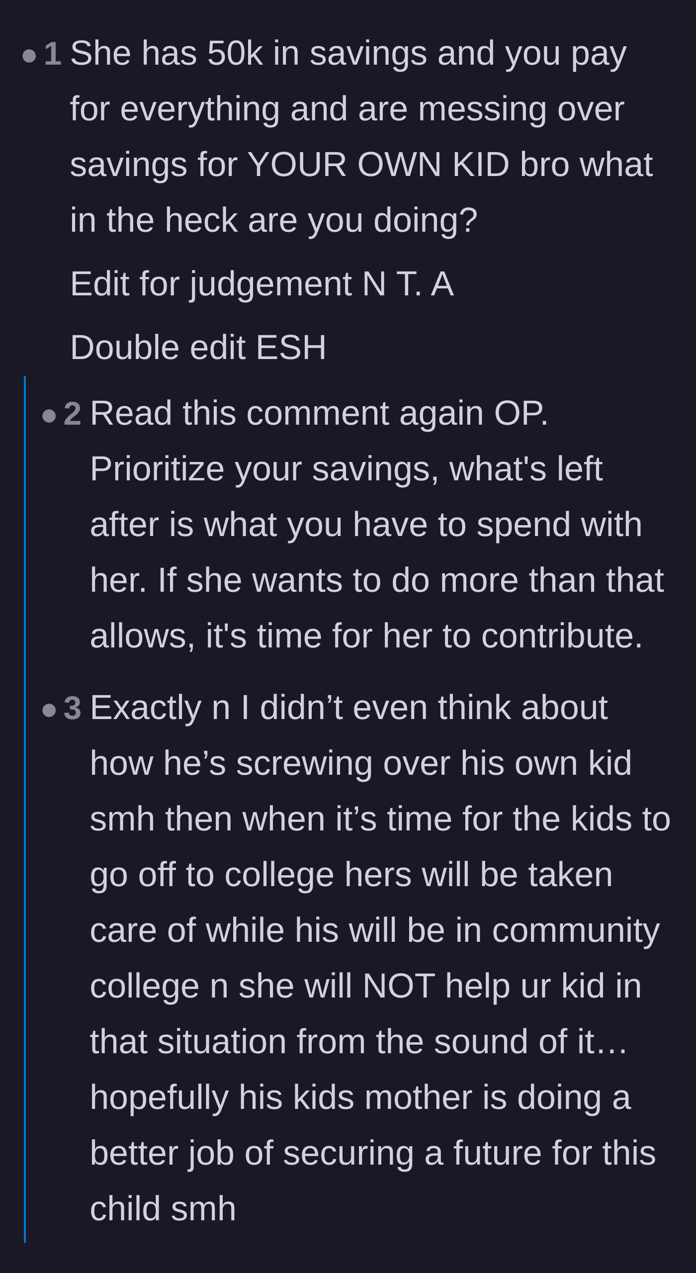 Comment thread 1 - Readers call out the author for prioritizing his girlfriend's savings over his own daughter's financial future.