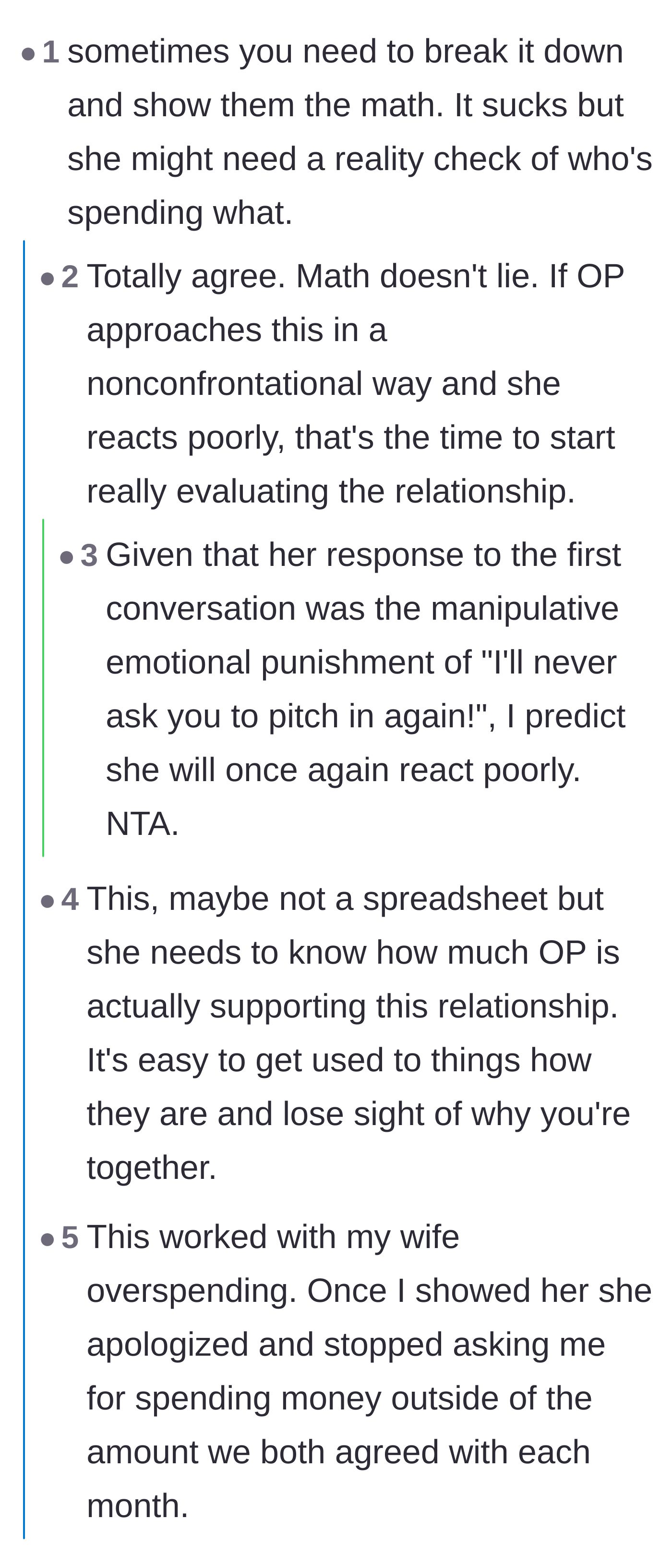 Comment thread 2 - A debate on whether showing the girlfriend a spreadsheet of their expenses would fix her entitled behavior.
