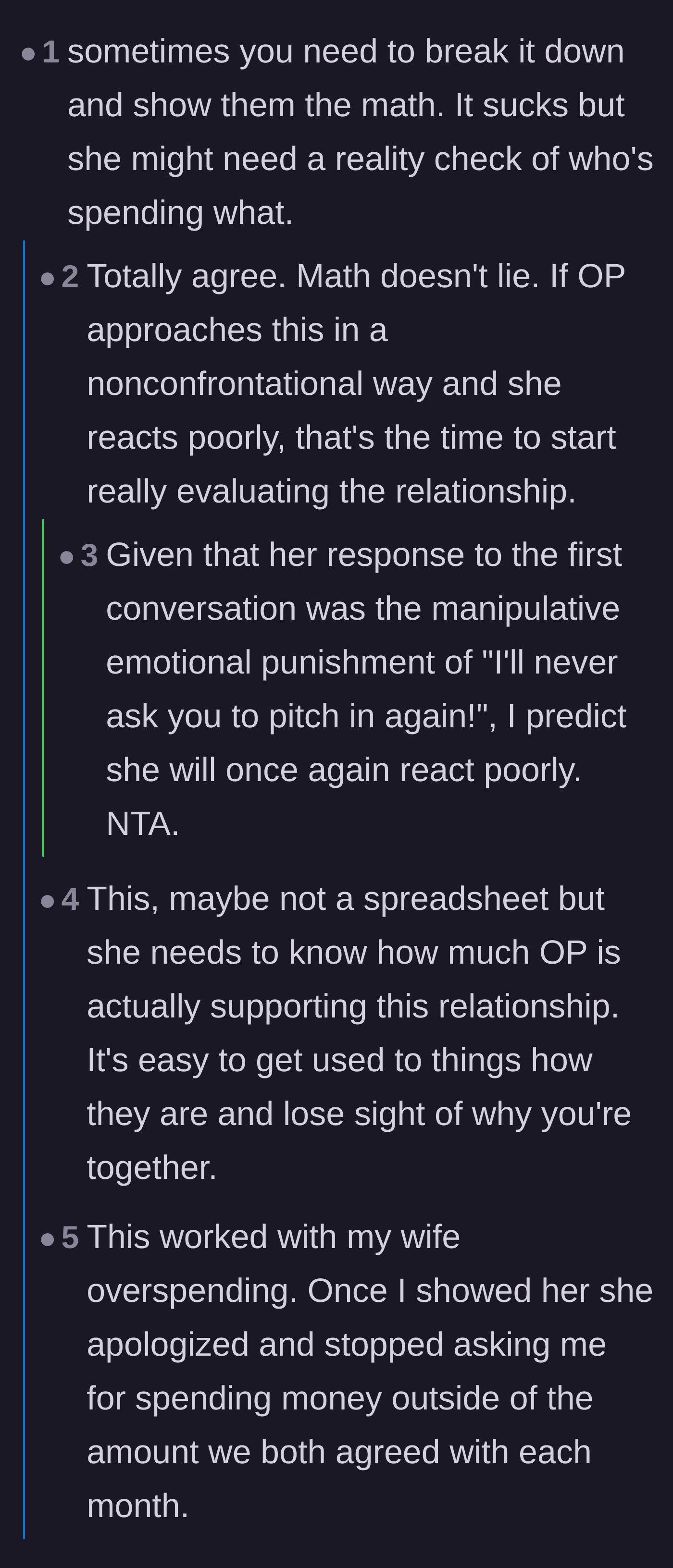 Comment thread 2 - A debate on whether showing the girlfriend a spreadsheet of their expenses would fix her entitled behavior.
