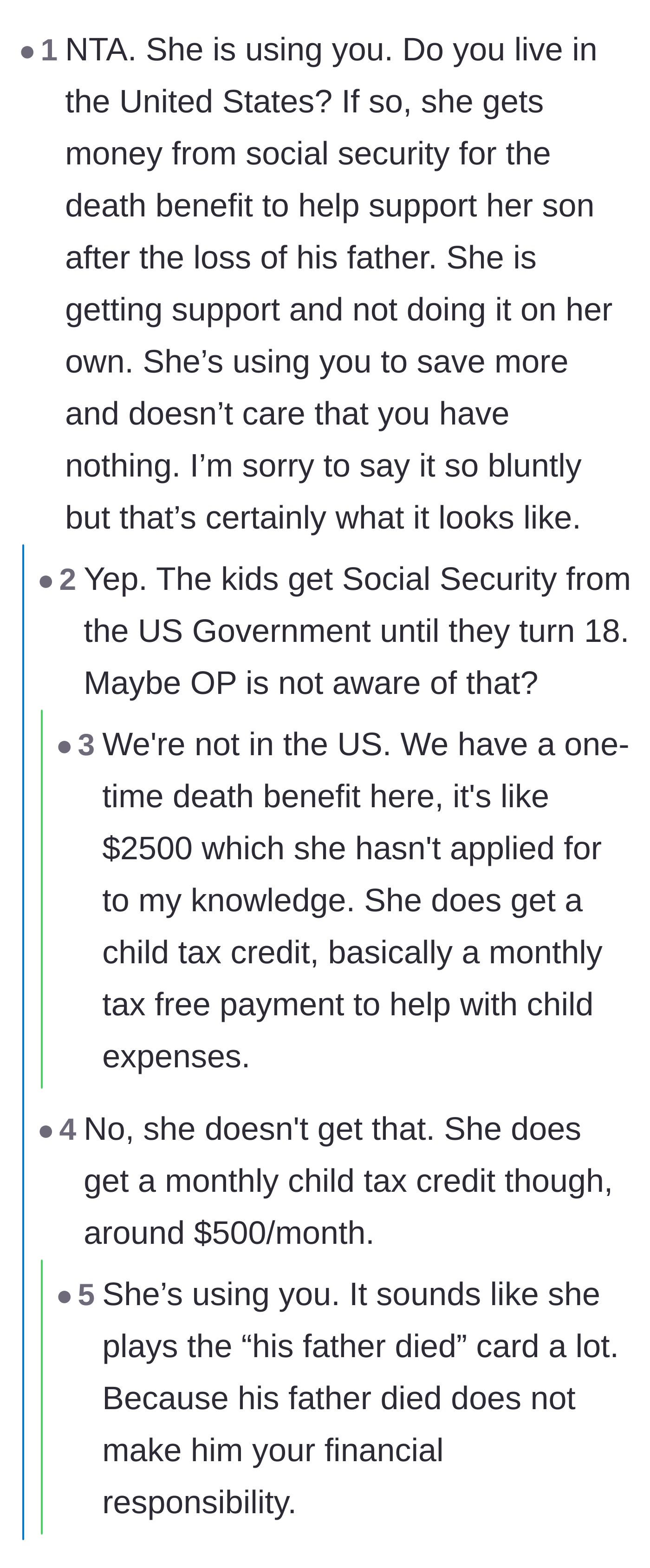 Comment thread 3 - Users point out that the girlfriend likely receives government survivor benefits or tax credits for her son.
