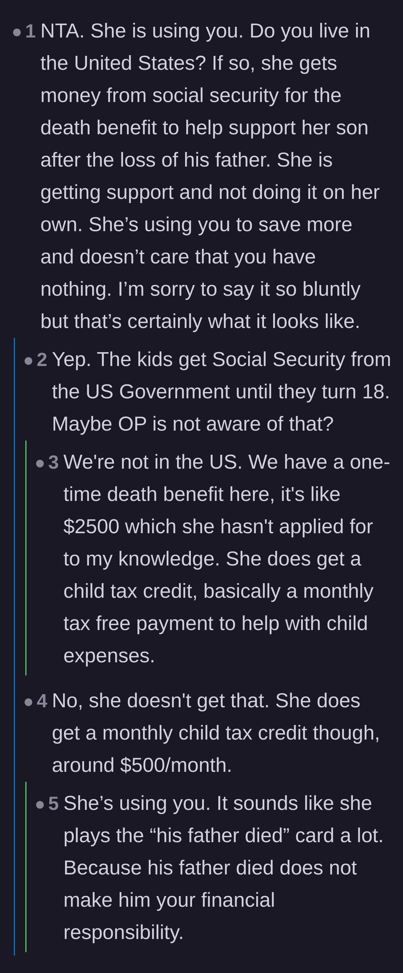 Comment thread 3 - Users point out that the girlfriend likely receives government survivor benefits or tax credits for her son.