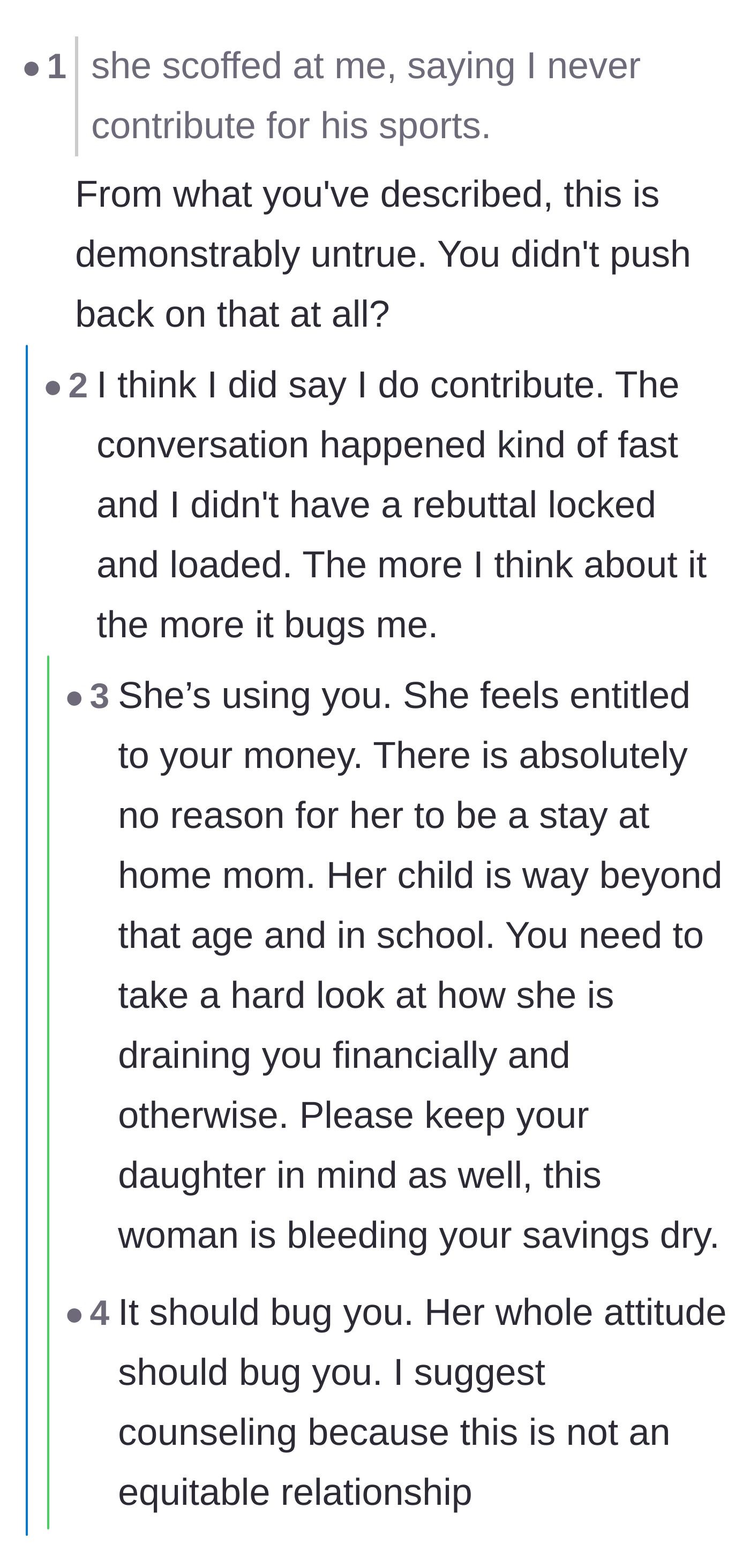 Comment thread 5 - Readers analyze the girlfriend's manipulative claim that the author never helps with the child's sports.