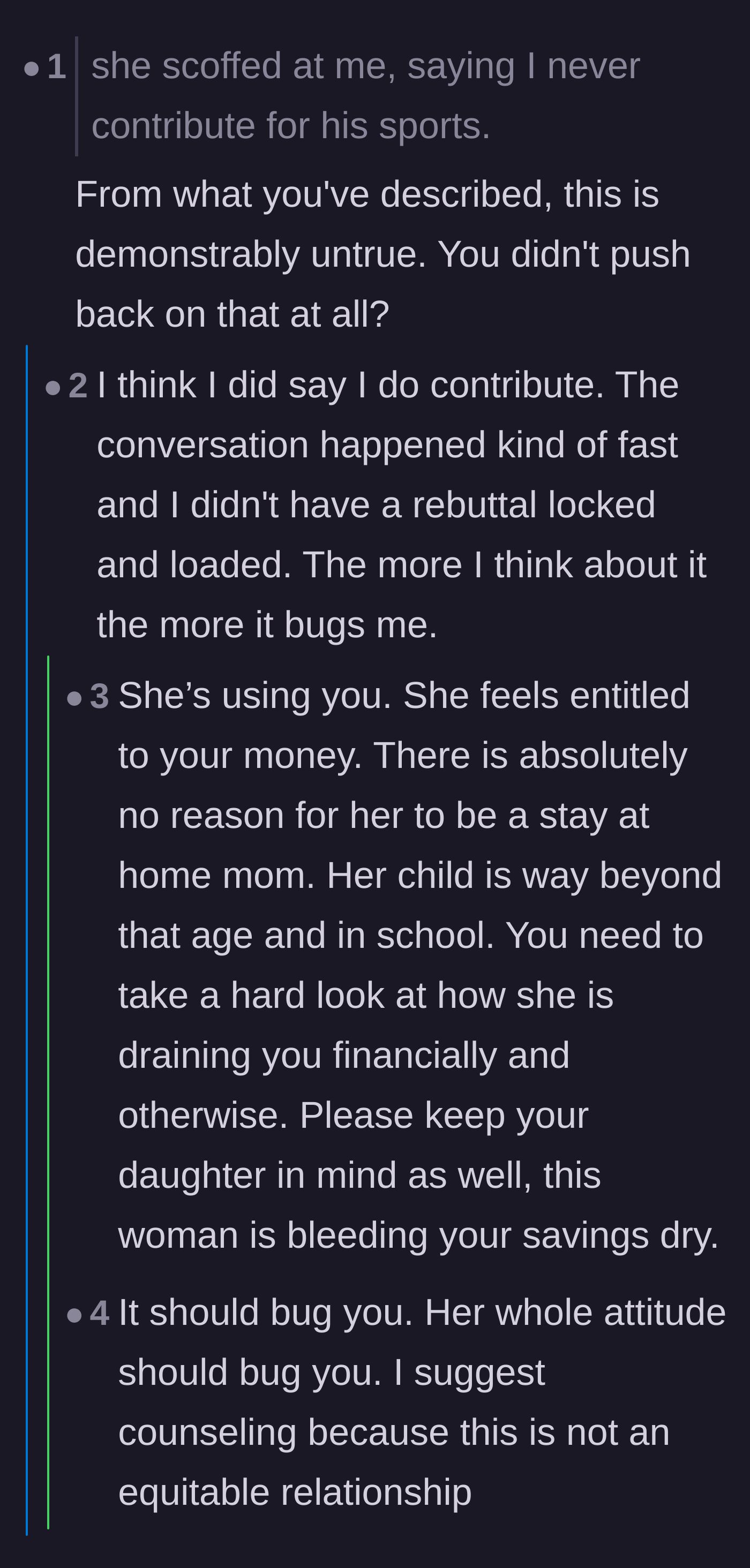 Comment thread 5 - Readers analyze the girlfriend's manipulative claim that the author never helps with the child's sports.