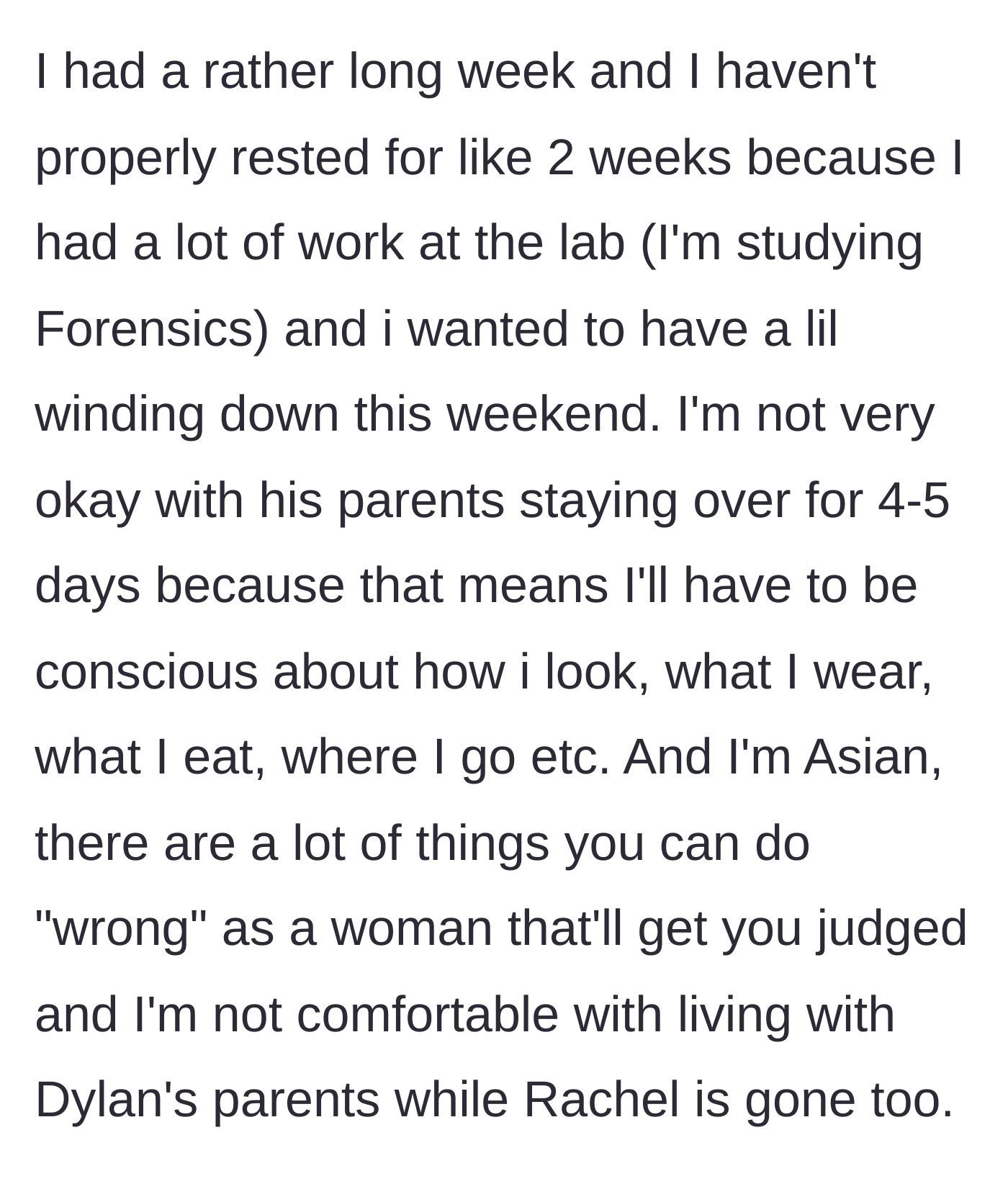 Story part 6 - Exhausted from studying forensics, the main character dreads the cultural judgment of living with his parents.