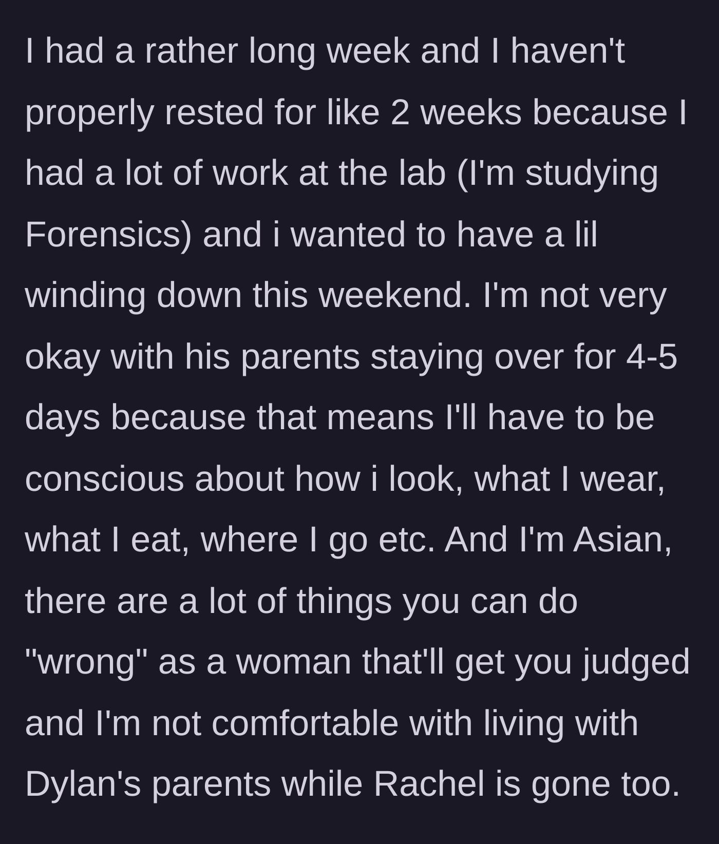 Story part 6 - Exhausted from studying forensics, the main character dreads the cultural judgment of living with his parents.