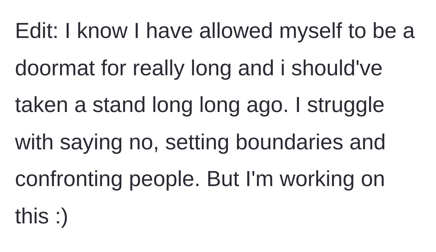 Story part 9 - Main character admits she struggles with boundaries but is trying to improve.