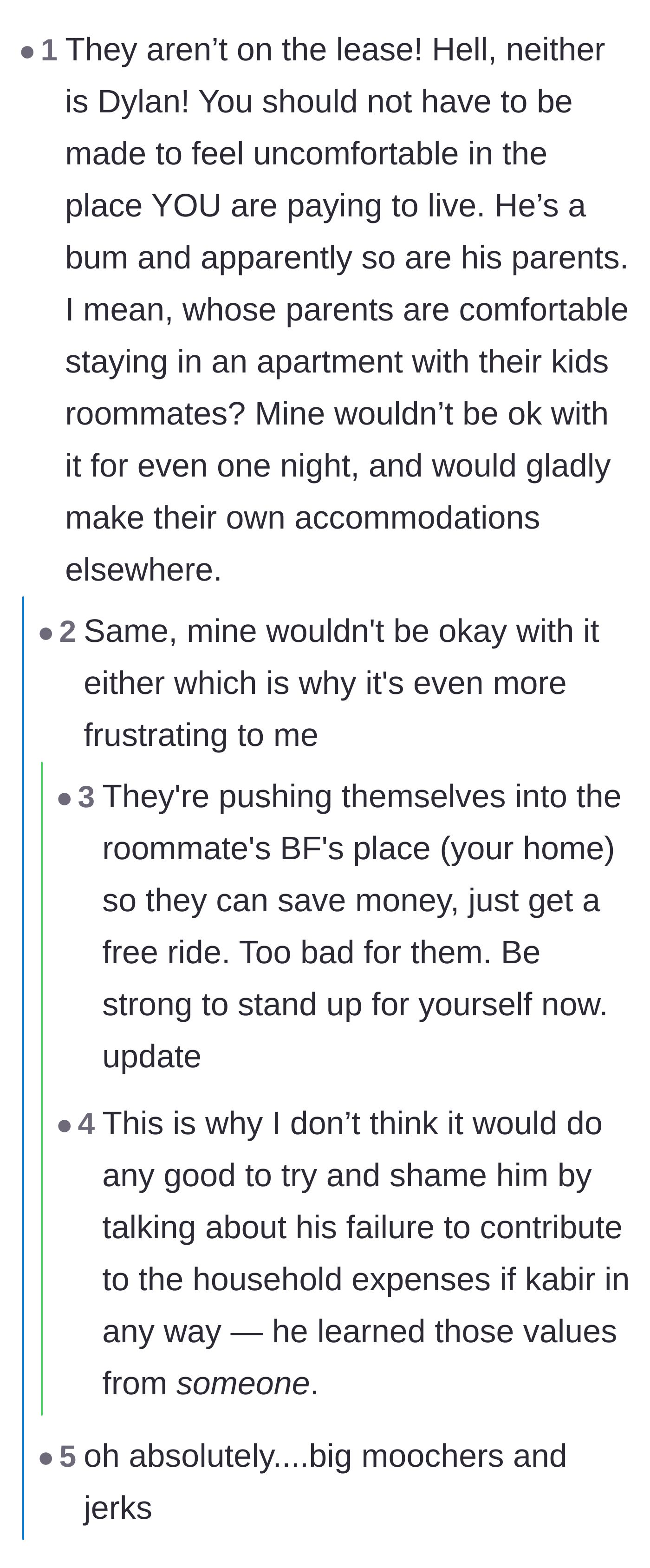 Comment thread 3 - Discussion about the entitlement of the boyfriend's parents staying at a shared student apartment.