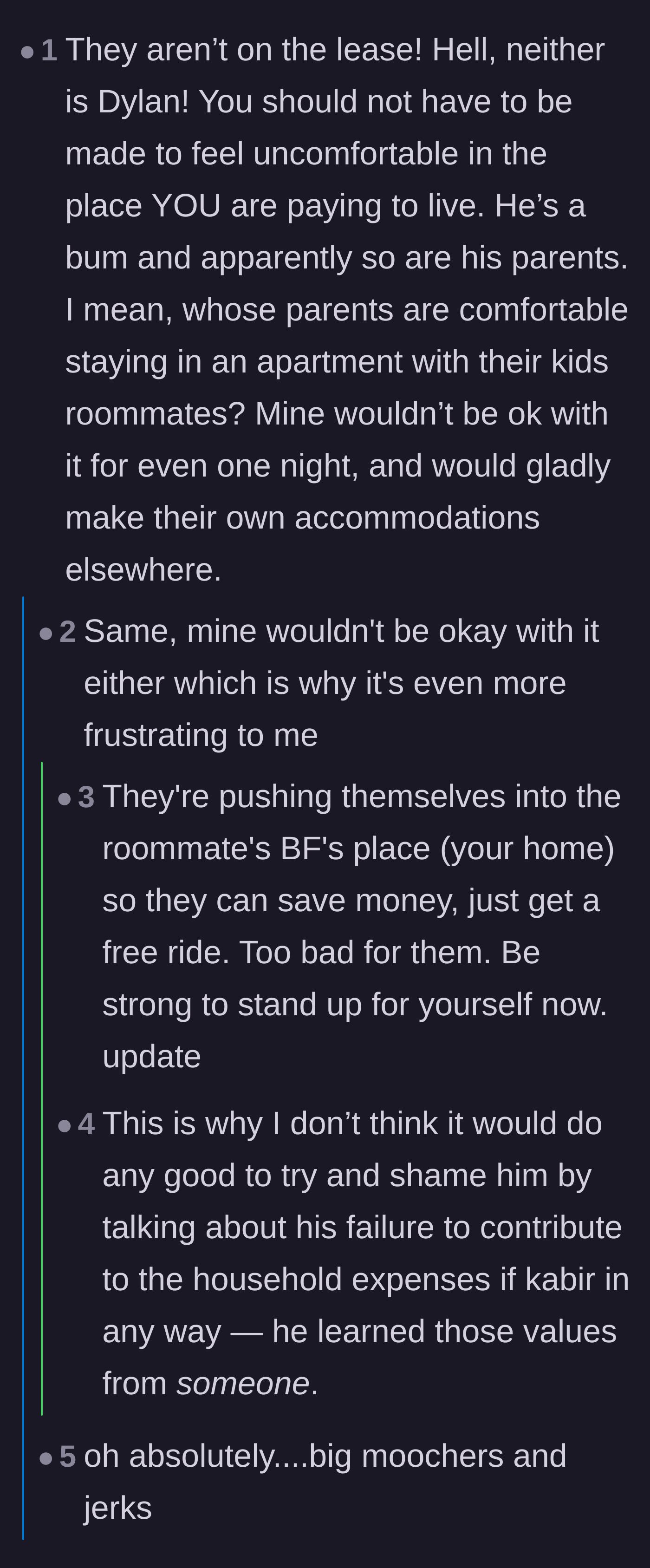 Comment thread 3 - Discussion about the entitlement of the boyfriend's parents staying at a shared student apartment.